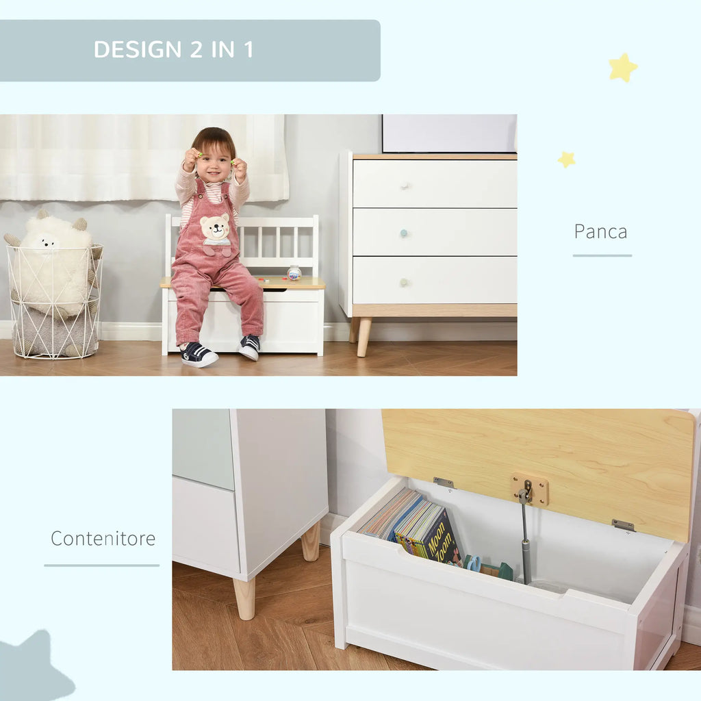 2 in 1 Wooden Children's Storage Chest with Piston for Safe Closing, 60x30x50cm White and Natural Wood