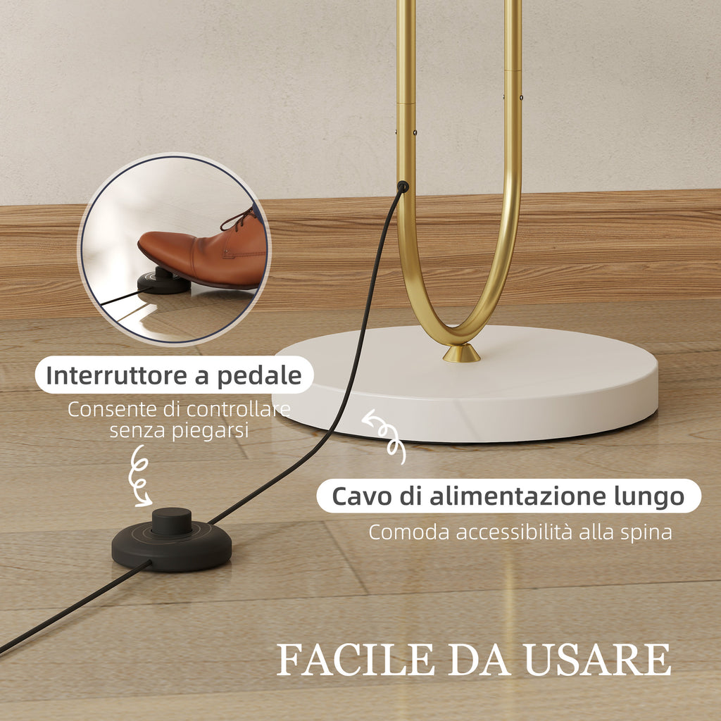 Modern Floor Lamp with Fabric Shade, Double Metal Tube and Foot Switch, Gold