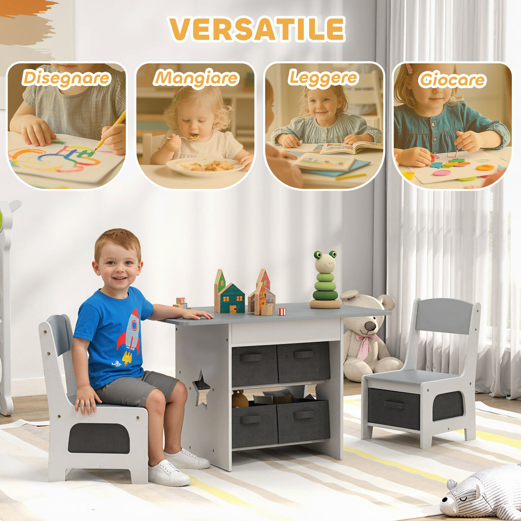 Children's Table and Chair Set for 3-8 Years Old with 6 Drawers and Rounded Edges, in Wood and Fabric, Grey and White
