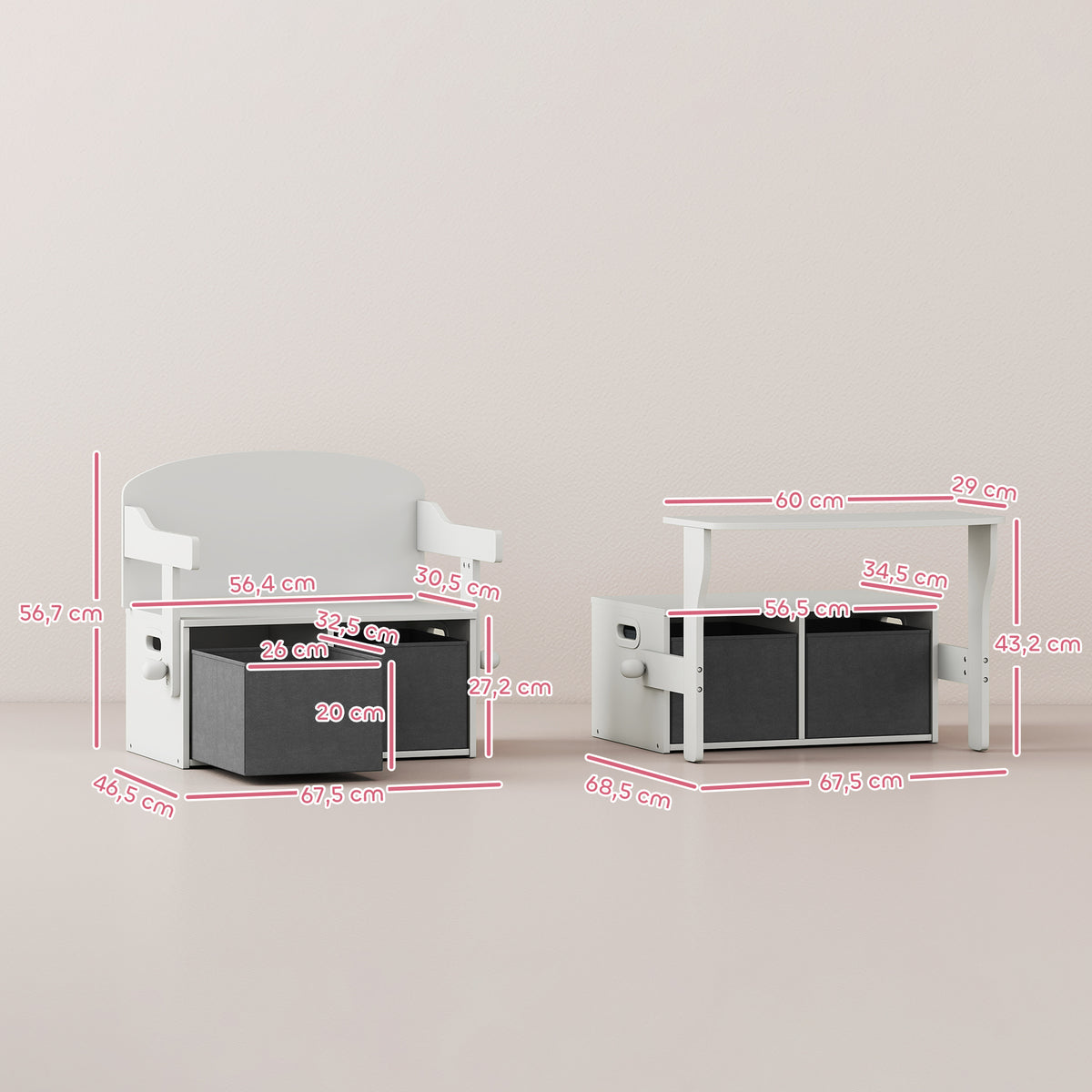 AIYAPLAY 3 in 1 Toy Bench for Children Ages 3-6, Convertible to Table and Chair with 2 Storage Bins, White