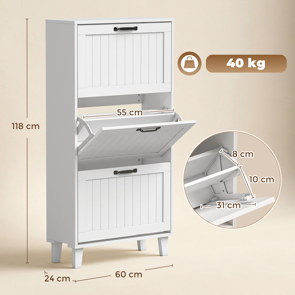 HOMCOM Space-Saving Shoe Rack with 3 Folding Drawers and Adjustable Shelves, 60x24x118 cm, White