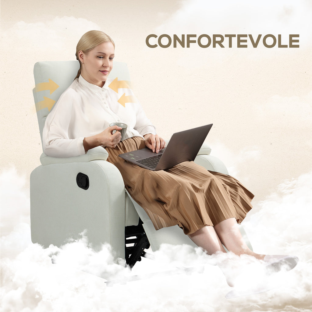 Manually Reclining Armchair at 60° Extra Padded in Fabric with Footrest, Cream