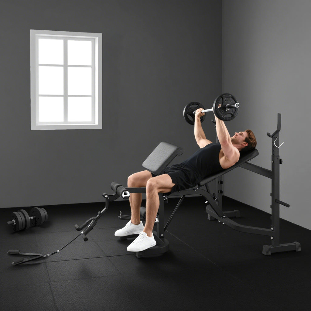 HOMCOM Adjustable Multifunctional Weight Bench with Barbell Rack, Steel and PU, 73.5x55x46-53.5 cm, Grey and Black
