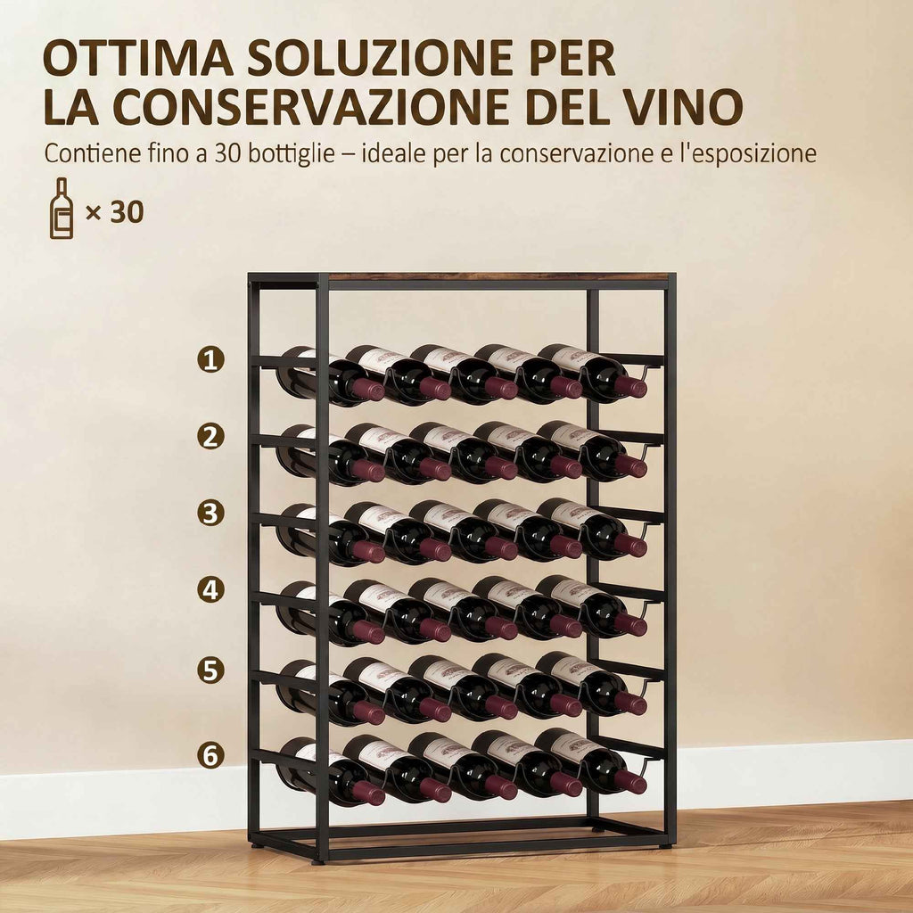 30-Bottle Floor-Standing Wine Rack with 6 Shelves, Industrial Style, Rustic Brown