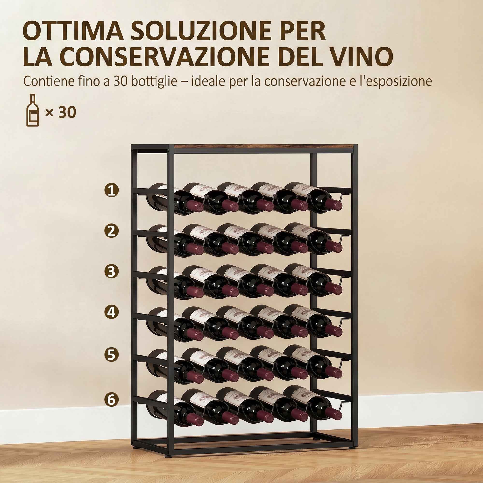 30-Bottle Floor-Standing Wine Rack with 6 Shelves, Industrial Style, Rustic Brown