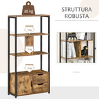 Bookcase Cabinet with 3 Shelves, Cabinet and 2 Drawers, in Chipboard and Metal, 58x24x122 cm