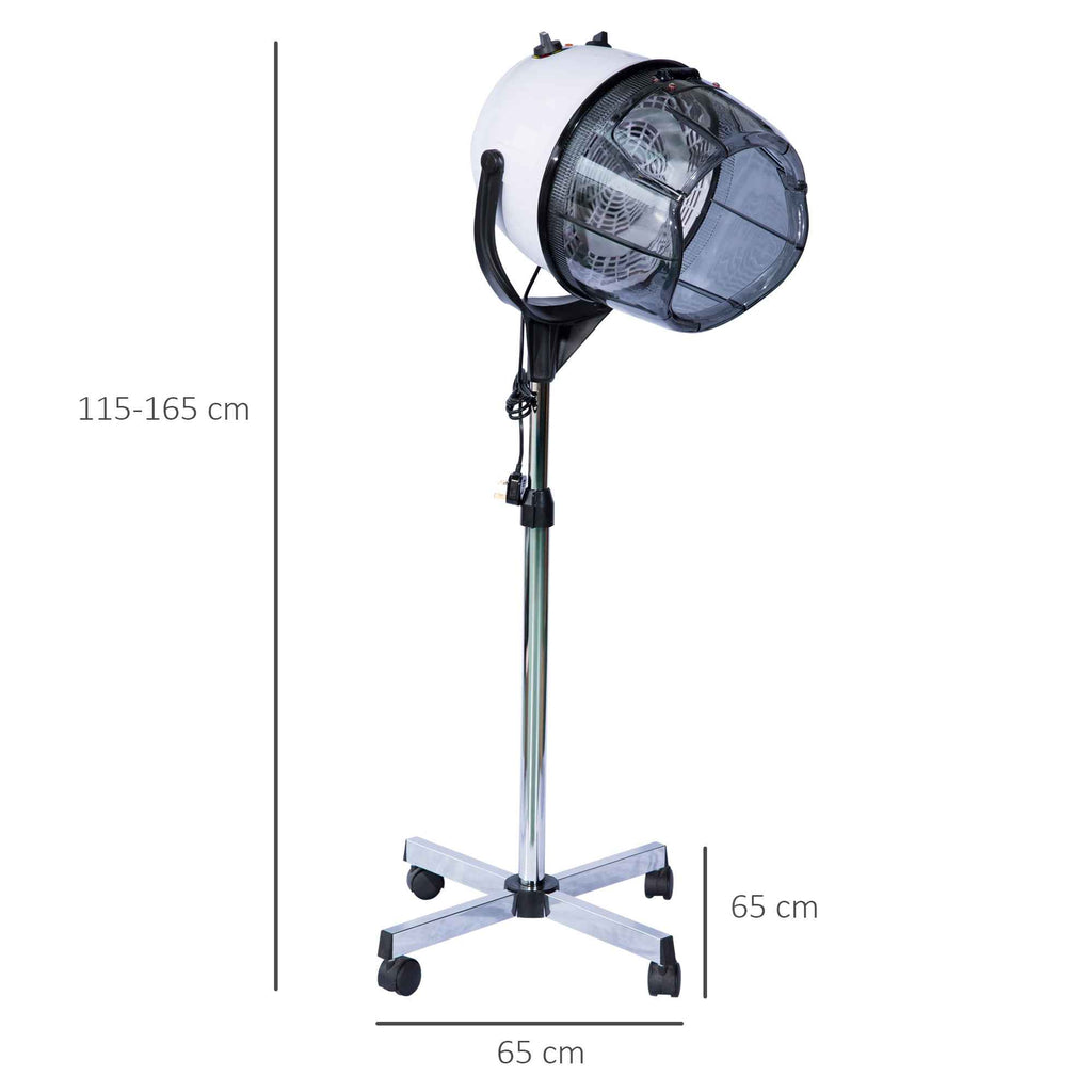 HOMCOM 1180W Adjustable Height Hood Hair Dryer, Hair Dryer with 60-Minute Timer and Swivel Wheels, Made of PP, PC and Steel, 65x65x115-165 cm, White