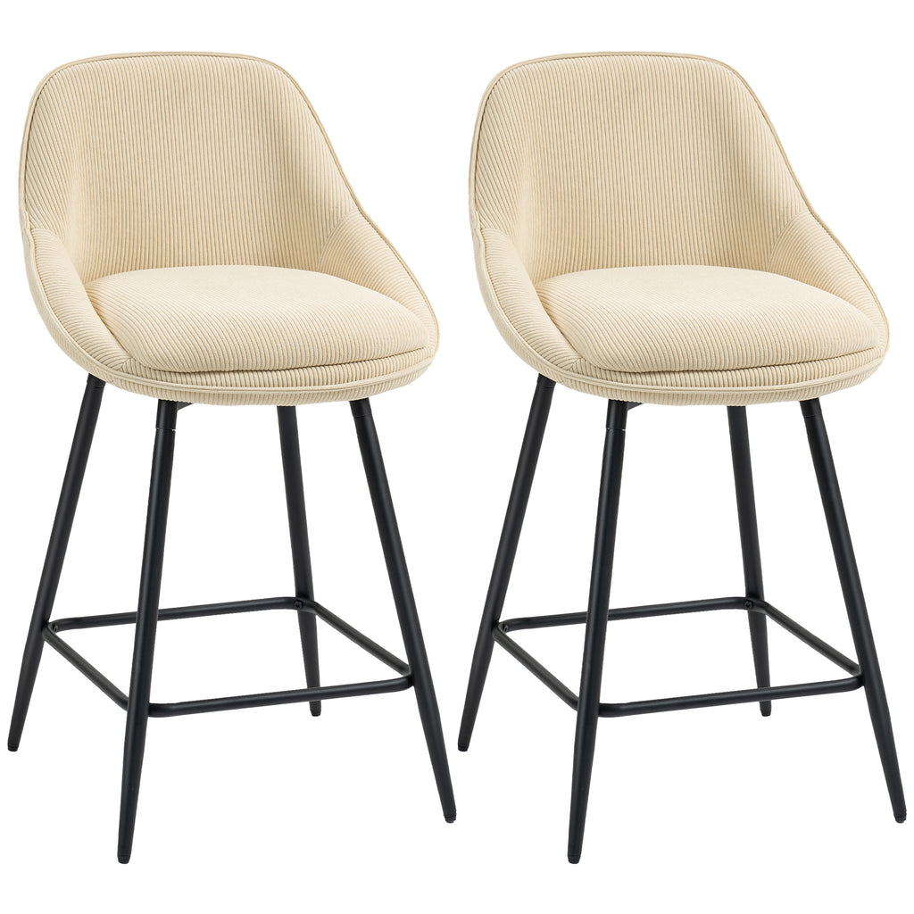 Set of 2 Swivel Bar Stools with Backrest and Armrests, Corduroy Upholstery and Footrest, Beige