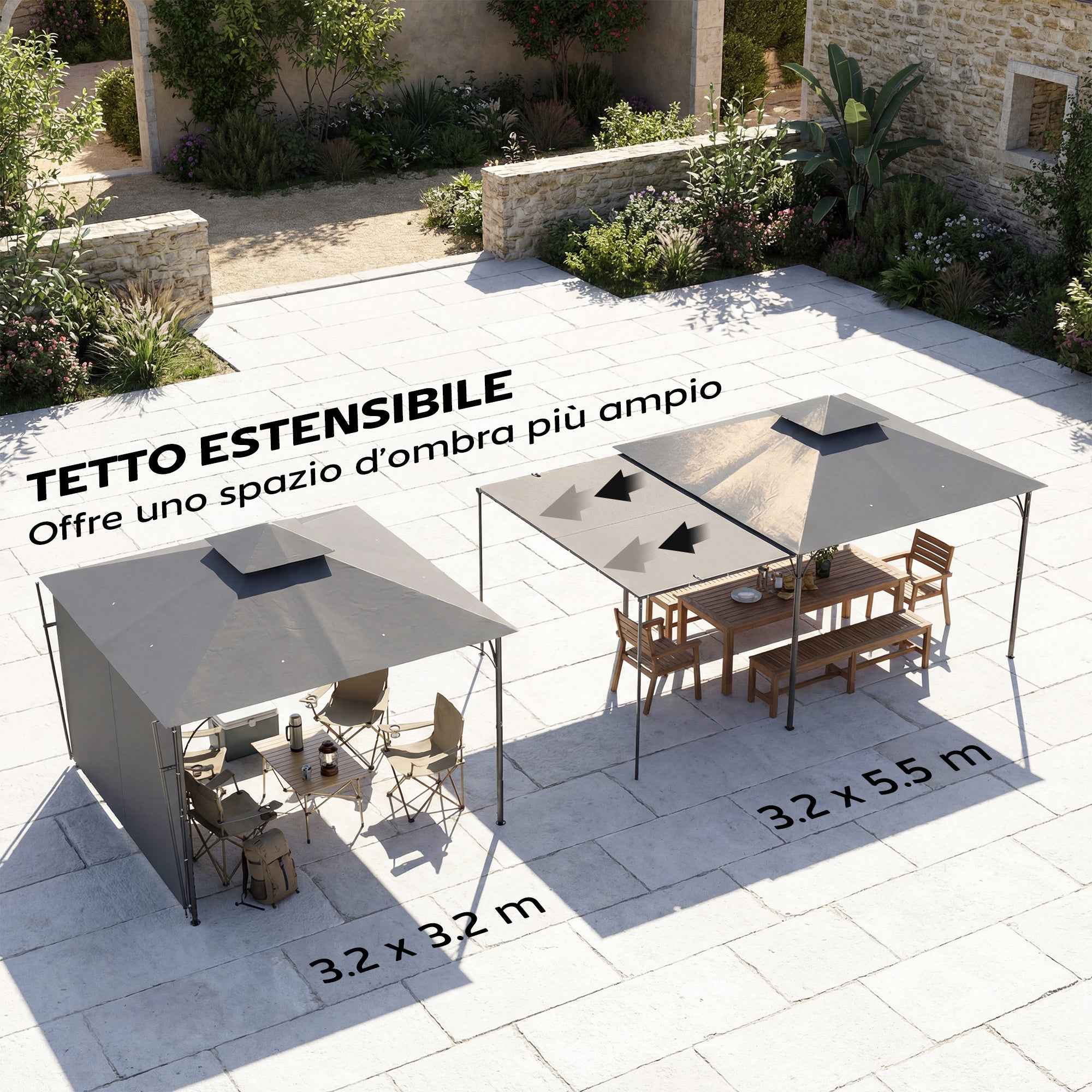 Outsunny Garden Gazebo with Extendable Roof and Drainage Holes, Metal and Polyester, 3.2x3.2 m, Dark Grey
