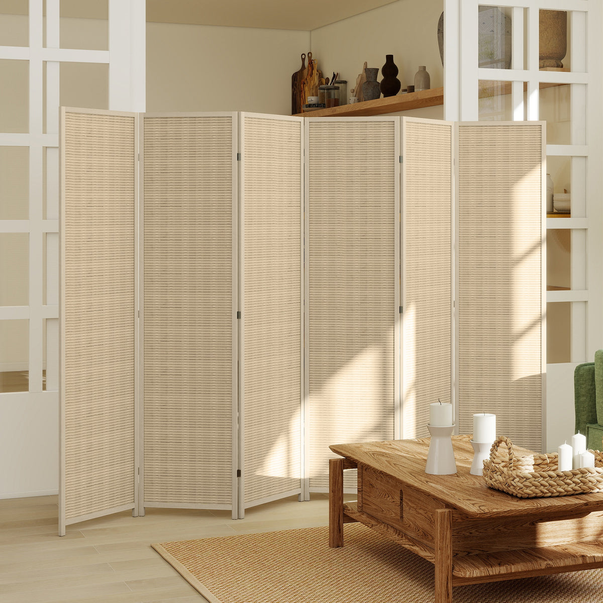 HOMCOM 6-Panel Folding Indoor Room Divider in Wood and Bamboo, Height 180cm, Natural Color
