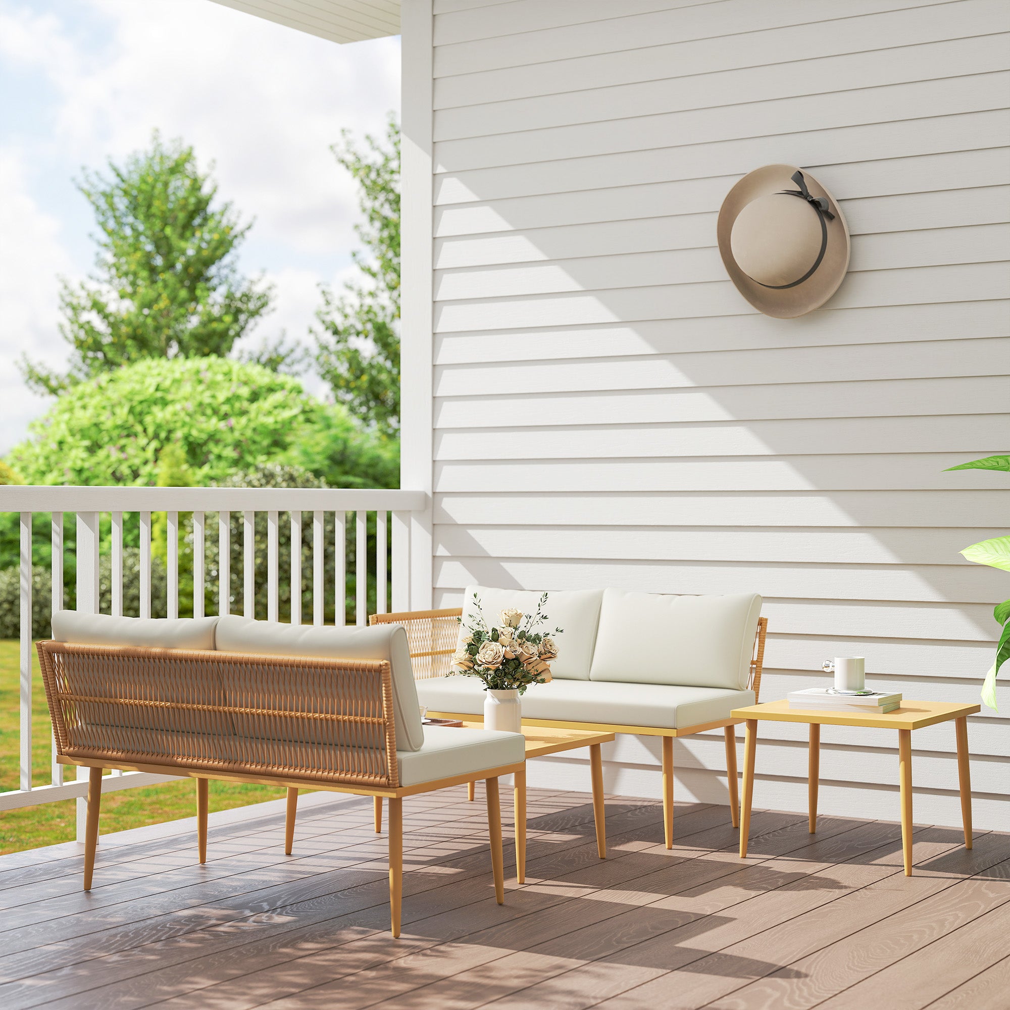 PE Rattan Outdoor Lounge Set with 2 2-Seater Sofas with Cushions and 2 Coffee Tables, Wood Color