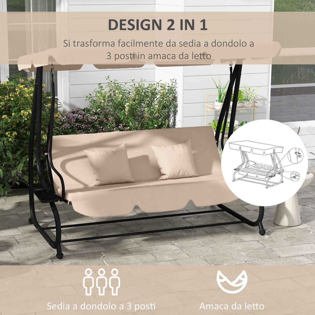 Outsunny 3-Seater Garden Swing Bed with Adjustable Canopy and Tray, 200x120x164 cm, Light Brown