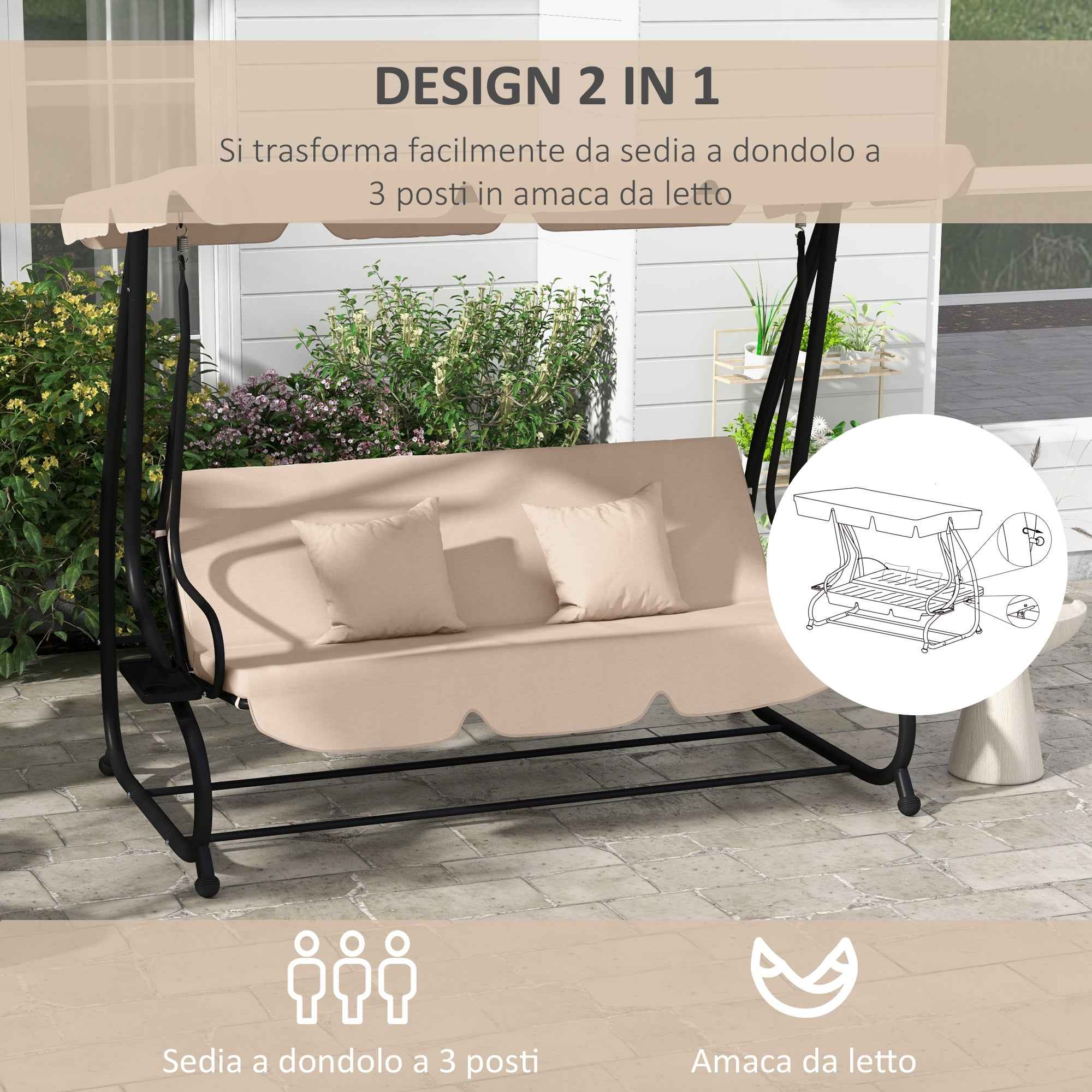 Outsunny 3-Seater Garden Swing Bed with Adjustable Canopy and Tray, 200x120x164 cm, Light Brown