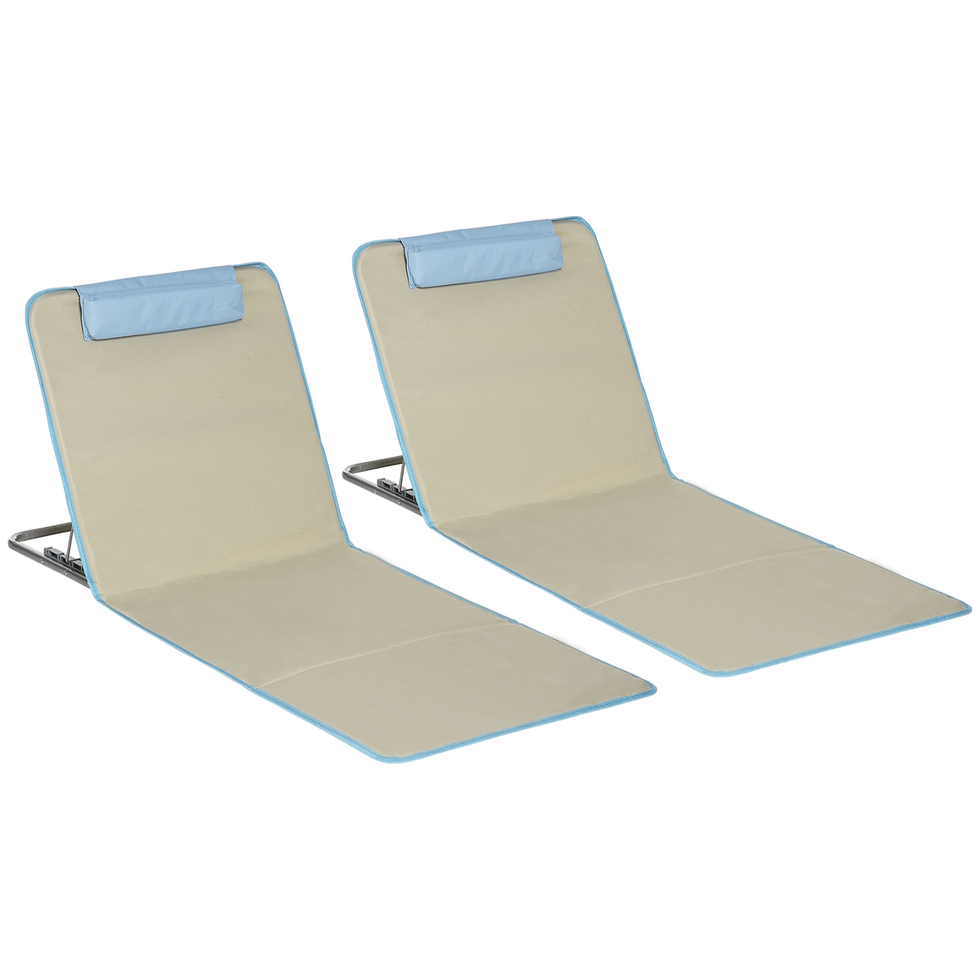 Set of 2 Folding Beach Chairs with Adjustable Backrest and Headrest, 53x124x35-45 cm, Beige and Light Blue