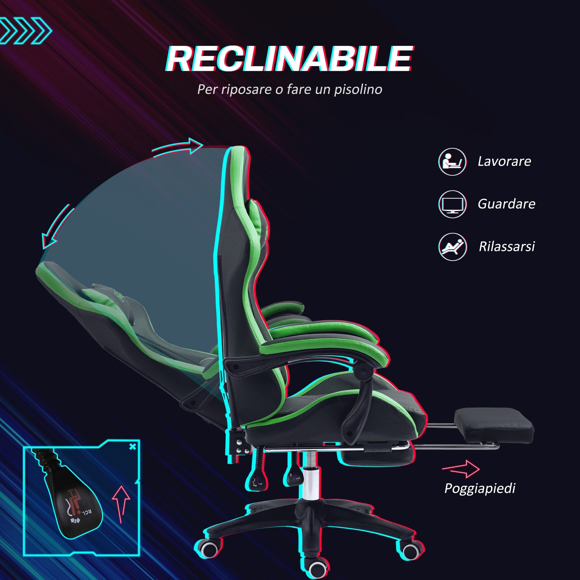 Gaming Chair with Adjustable Height and Reclining Backrest, 65x65x121-129 cm, Black and Green