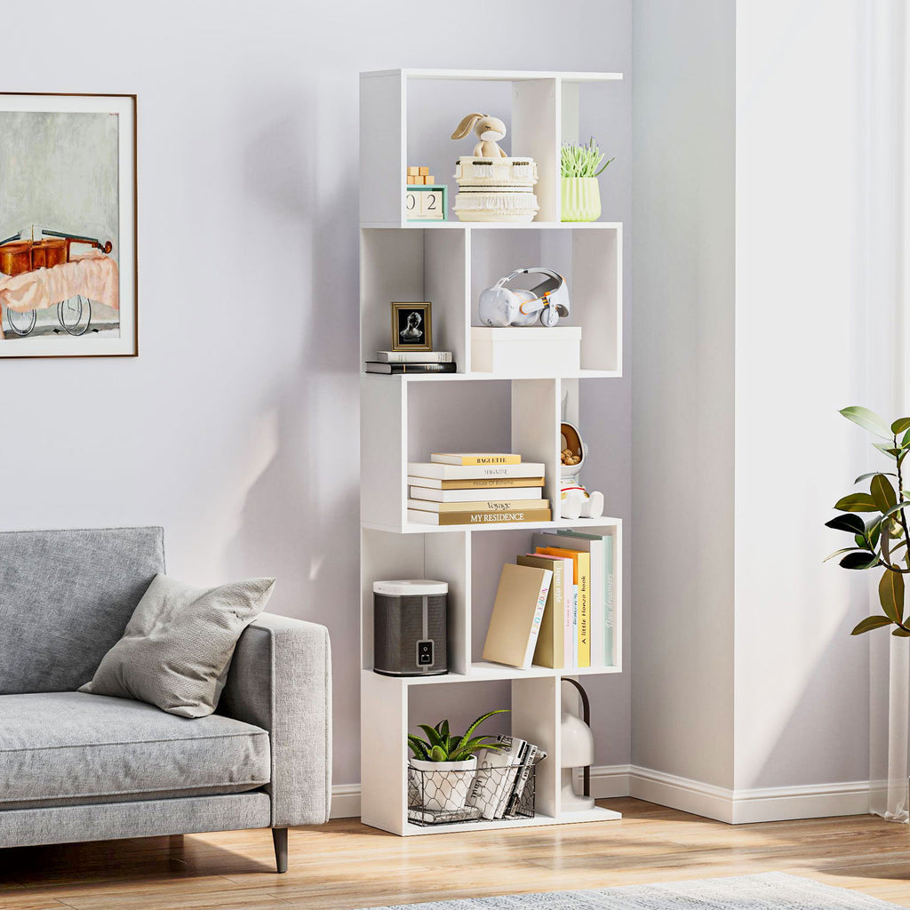 Wooden Bookcase Cabinet with 5 Shelves with Divider, 60x24x184.5 cm, White