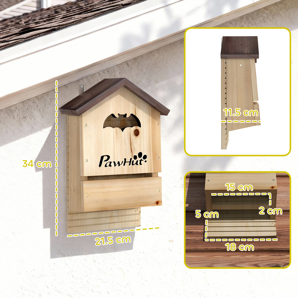 PawHut Set of 3 Fir Wood Bat Houses, 21.5x11.5x34 cm, Natural Wood