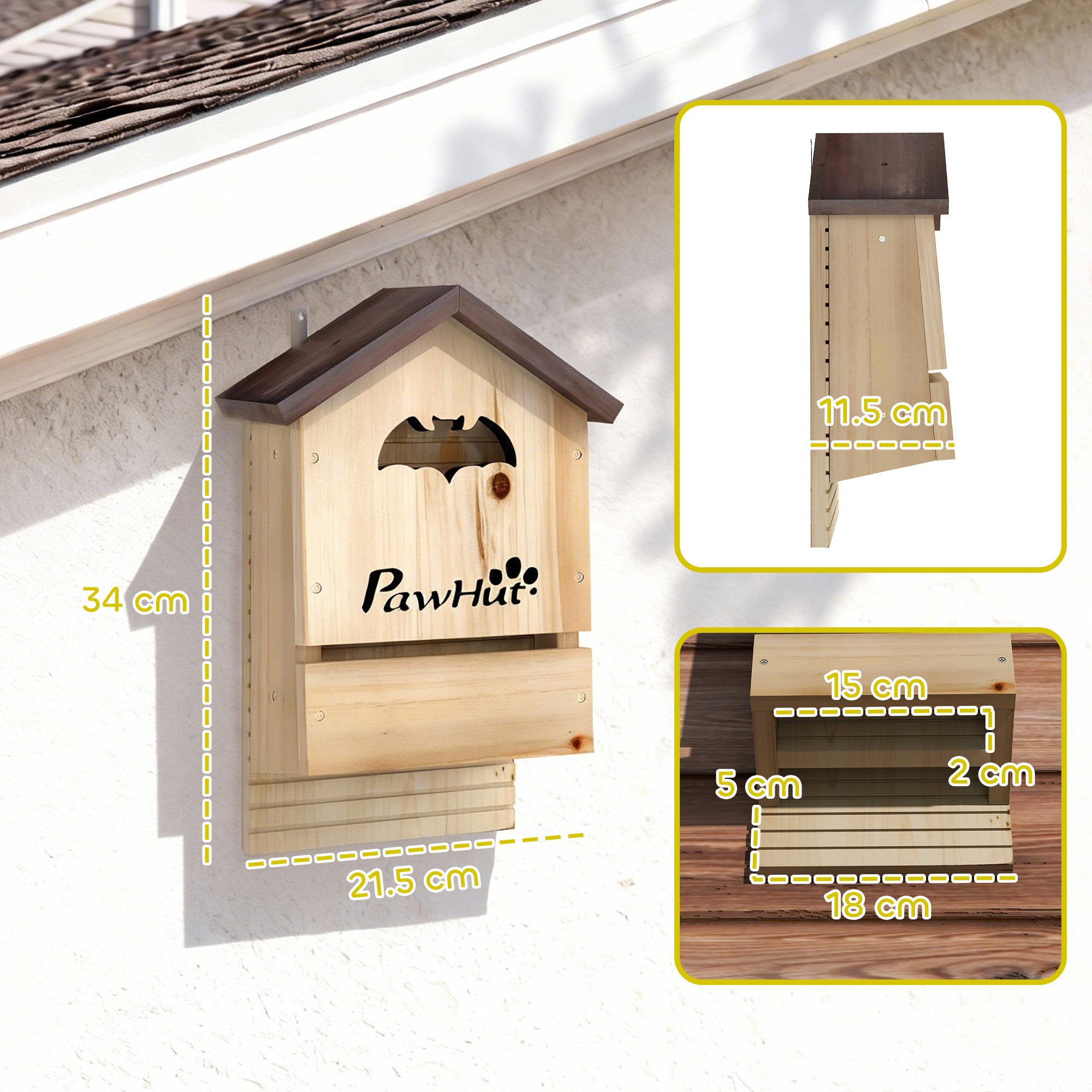 PawHut Set of 3 Fir Wood Bat Houses, 21.5x11.5x34 cm, Natural Wood