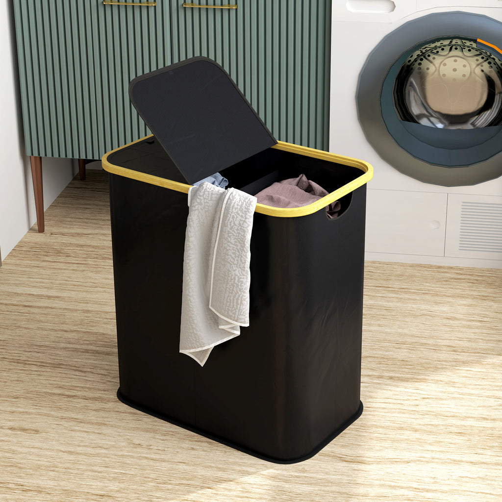 Laundry Basket 80L 2-Section with Lid, Non-Woven and Bamboo, 54x34x58.5 cm, Black
