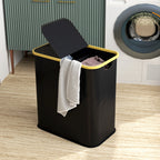 Laundry Basket 80L 2-Section with Lid, Non-Woven and Bamboo, 54x34x58.5 cm, Black