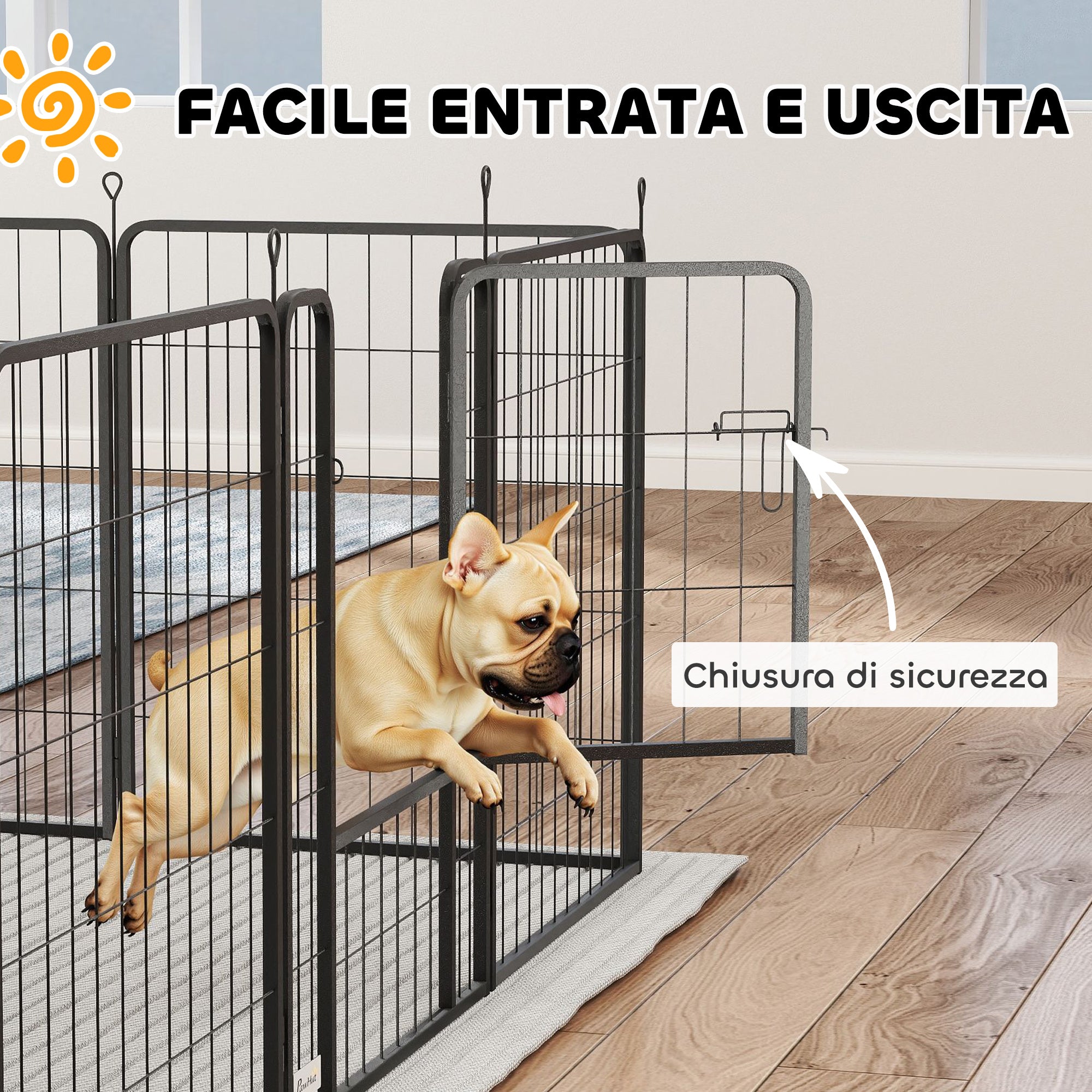 Dog Fence with 12 Modular Panels of 68x1.5x80cm in Black Steel with Entrance Door