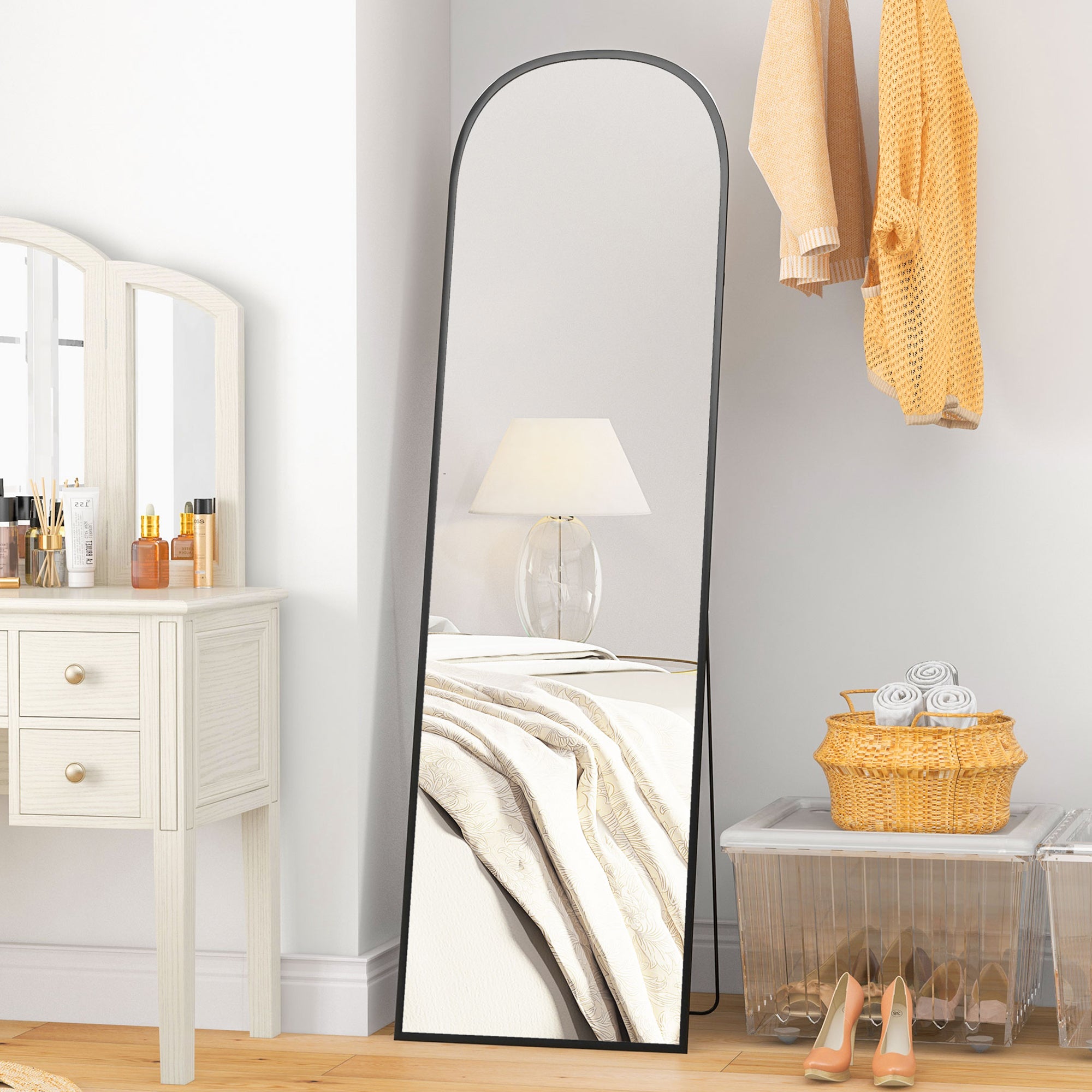 Modern Aluminum Alloy Floor and Wall Mirror with Folding Stand, 50x170 cm, Black
