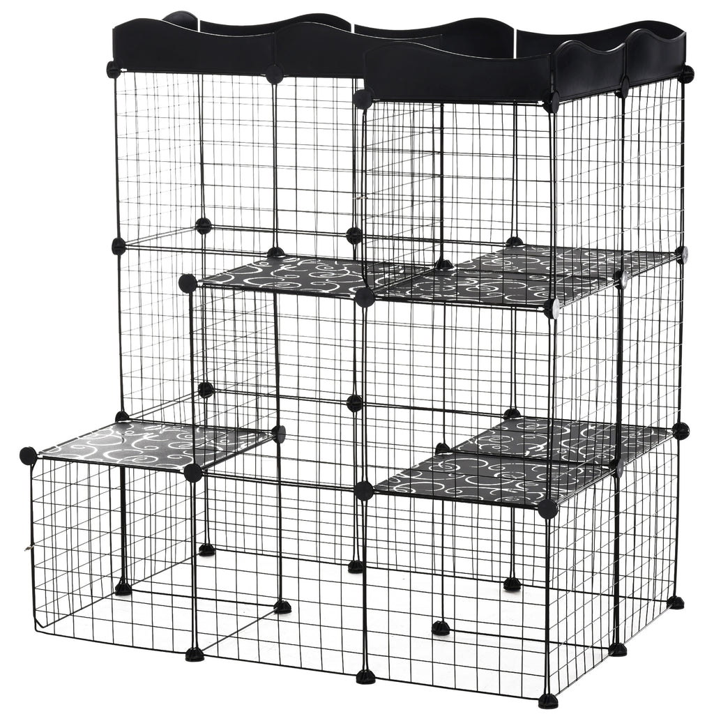 Modular and Multilevel Pet Enclosure with Ramp and 2 Doors in Steel and PP, 105x70x116 cm, Black