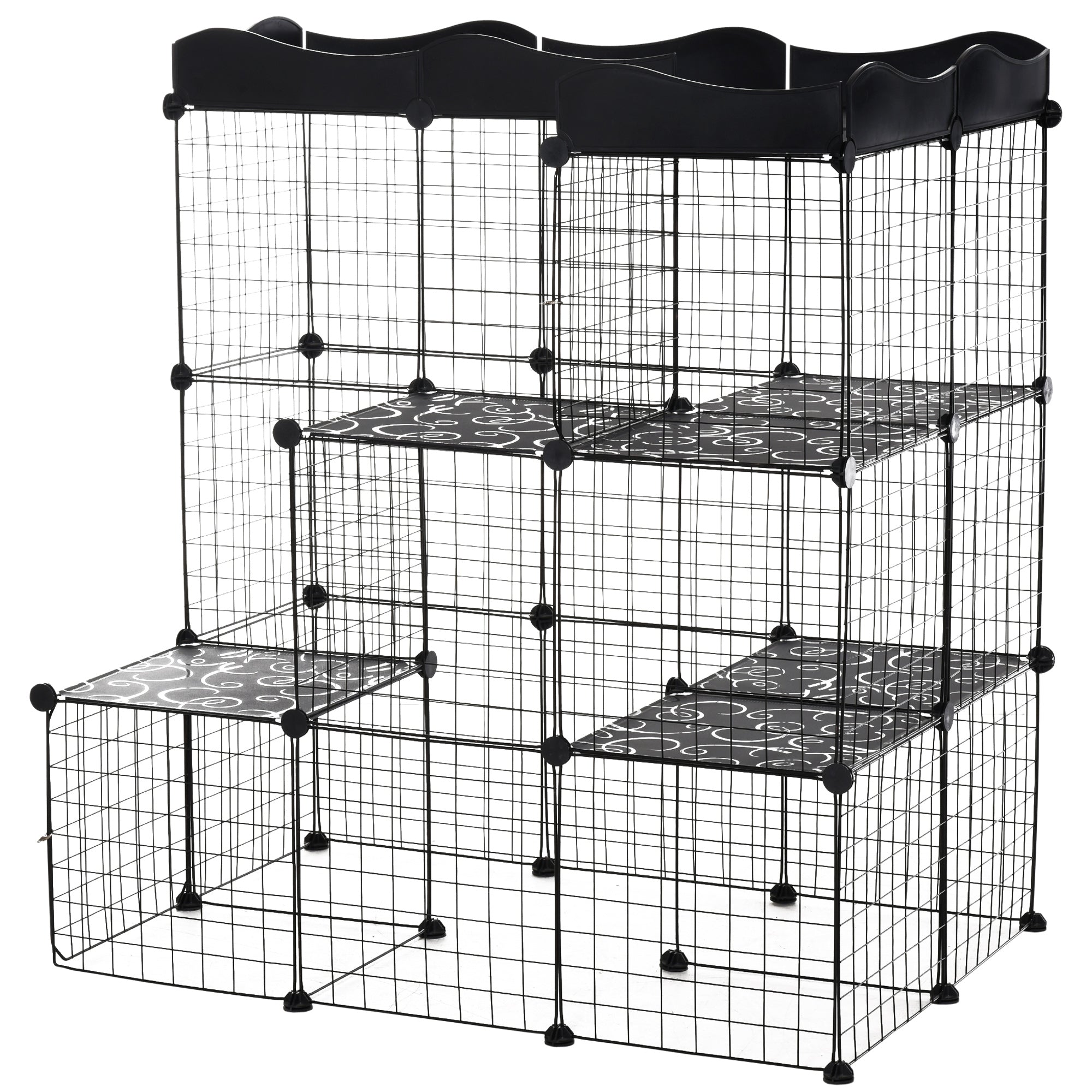 Modular and Multilevel Pet Enclosure with Ramp and 2 Doors in Steel and PP, 105x70x116 cm, Black