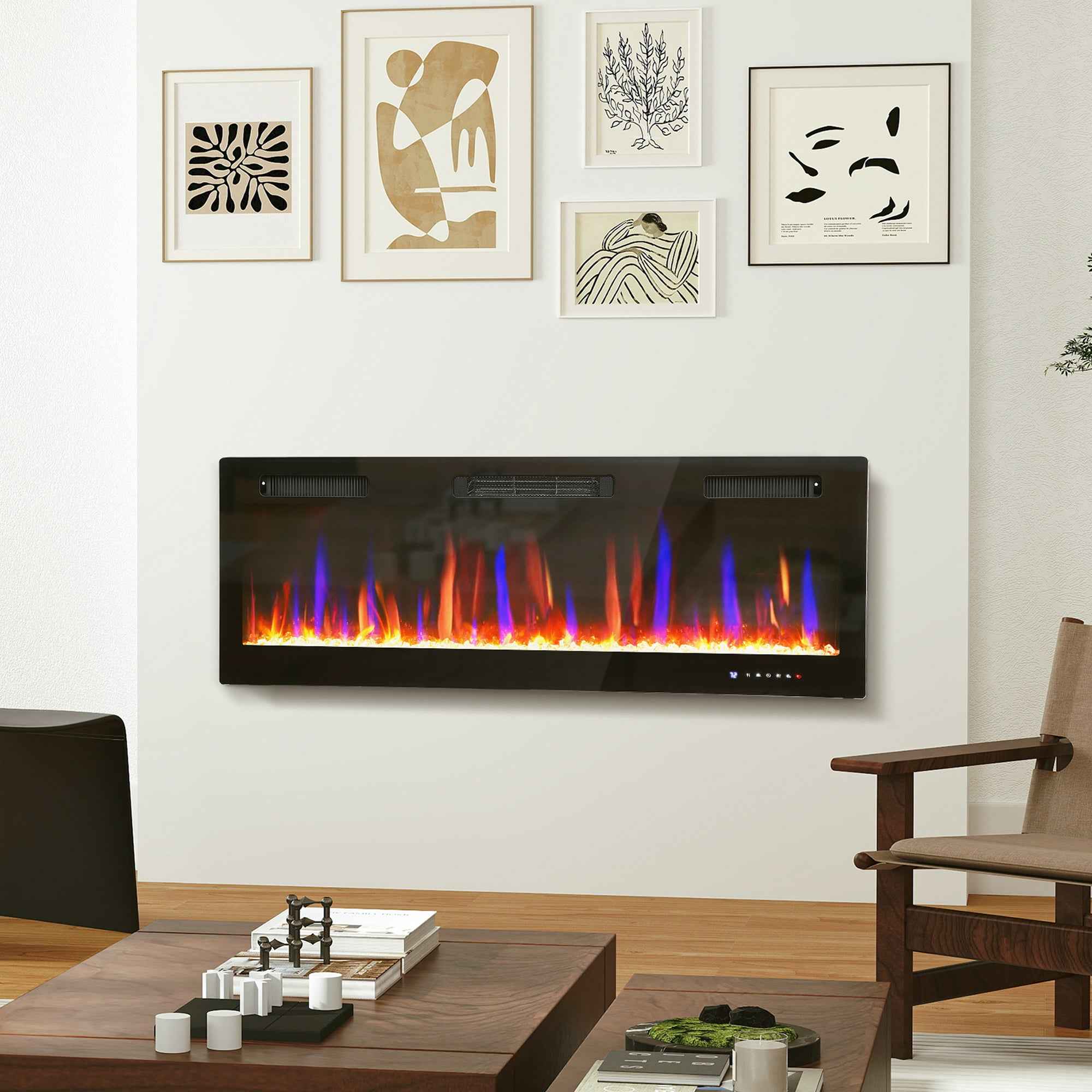 HOMCOM Built-in or Wall-Mounted Electric Fireplace with Adjustable Temperature, Steel and Glass, 127x9.4x47 cm, Black