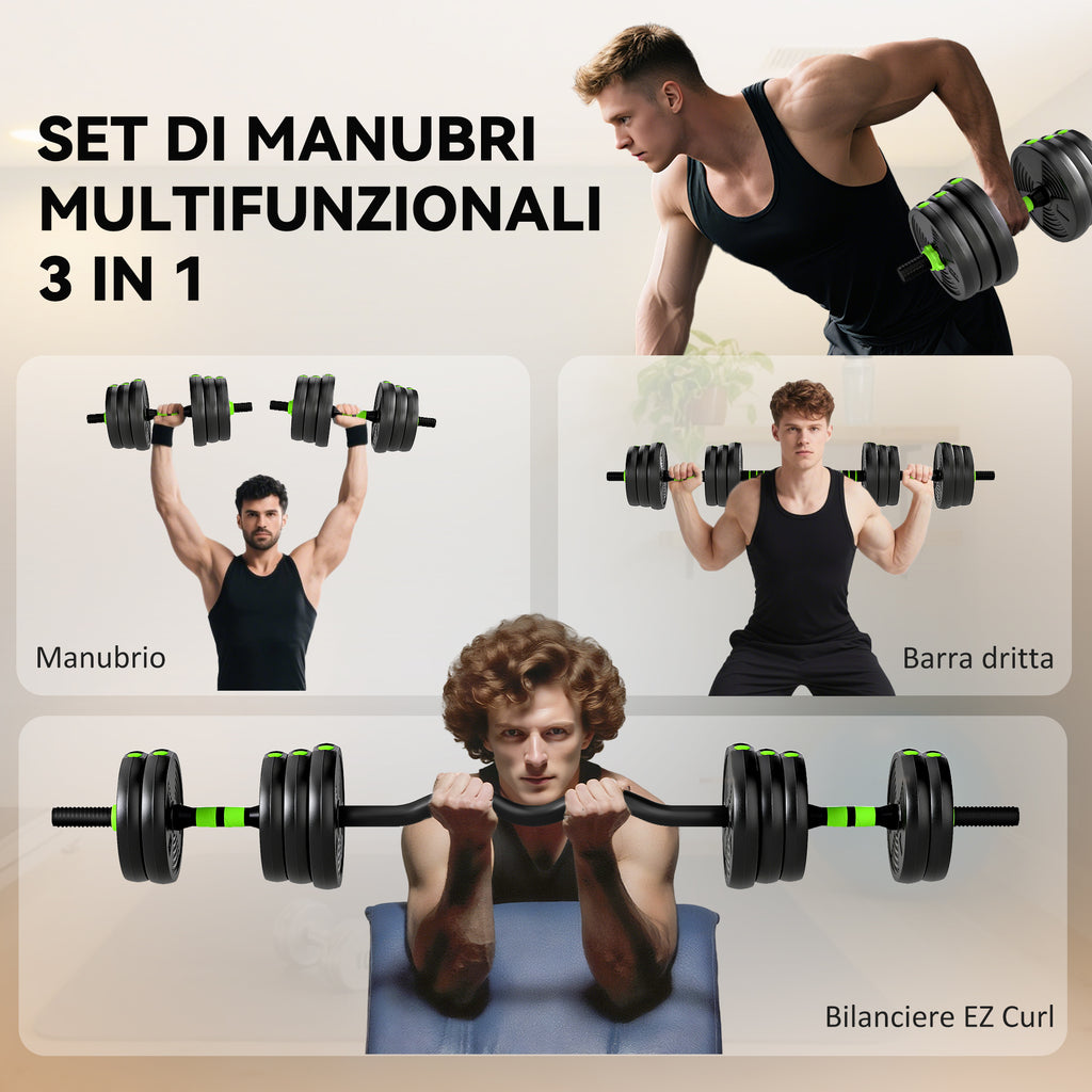 SPORTNOW 3-in-1 Barbell Set with 16 Weight Plates and Non-Slip Handle, 140x20x20 cm, Green