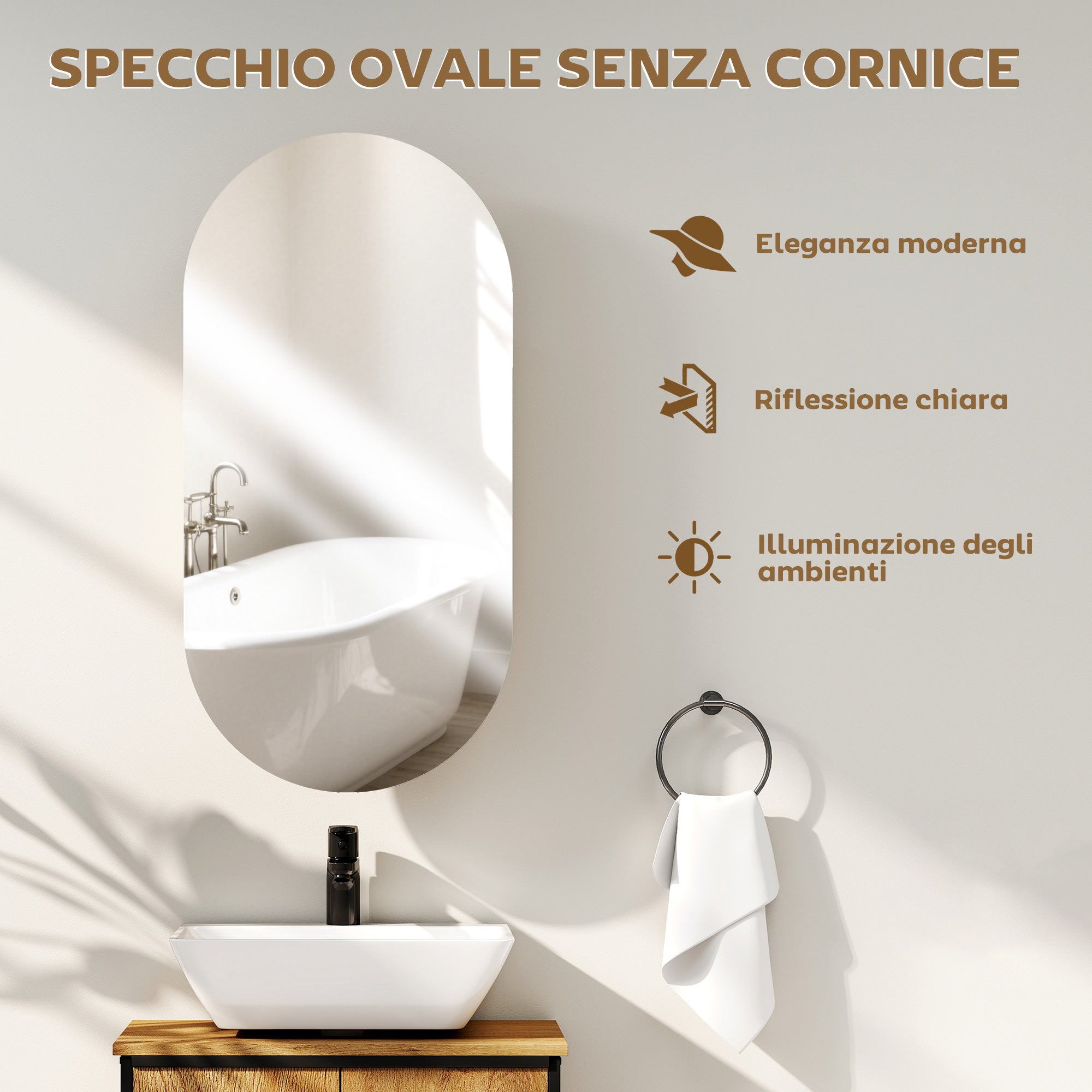 Modern Oval Bathroom Mirror with Cabinet and Two Shelves, 45x90 cm, White
