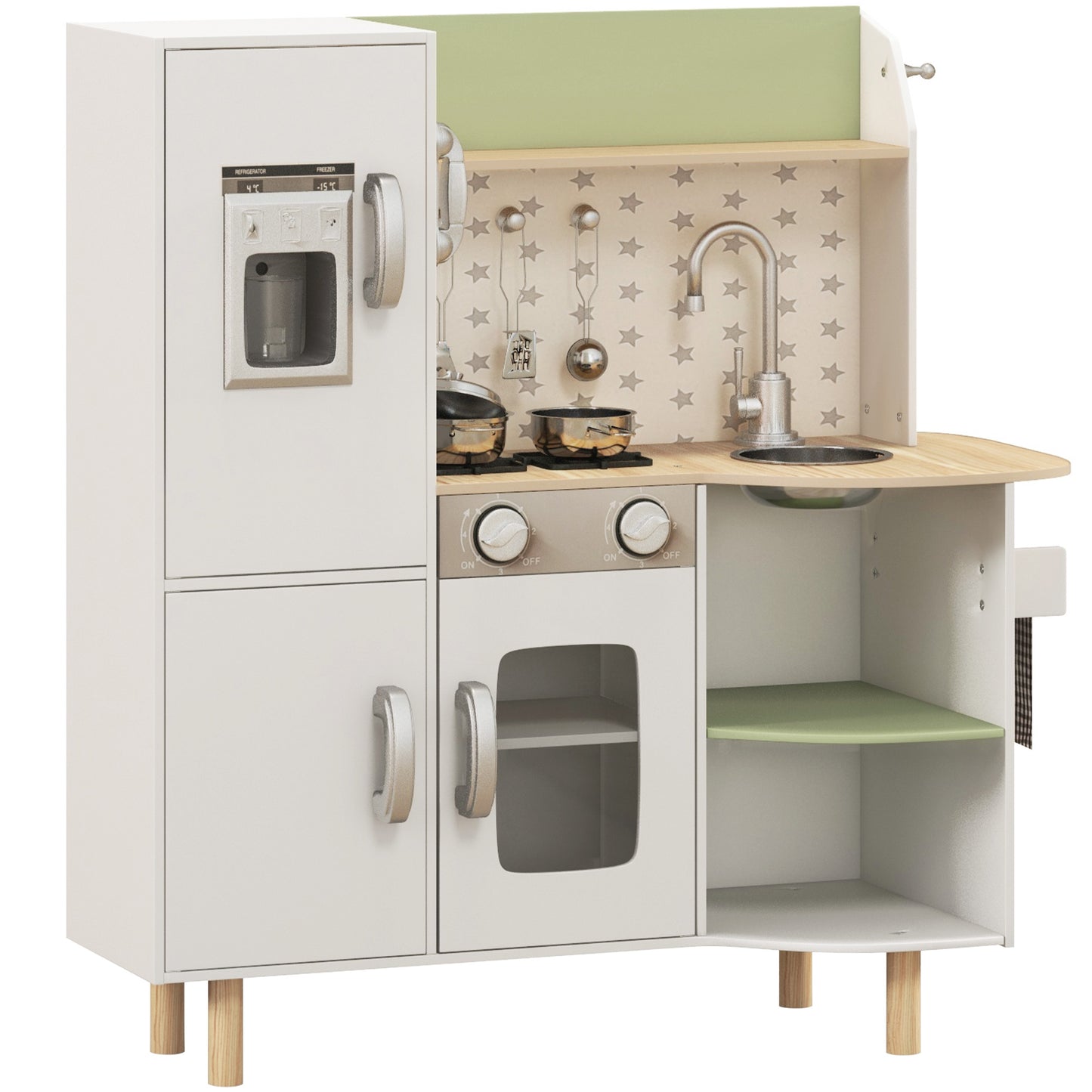 AIYAPLAY Toy Kitchen for Children 3-6 Years with Ice Maker and Utensils, 84x34x89 cm, White and Green