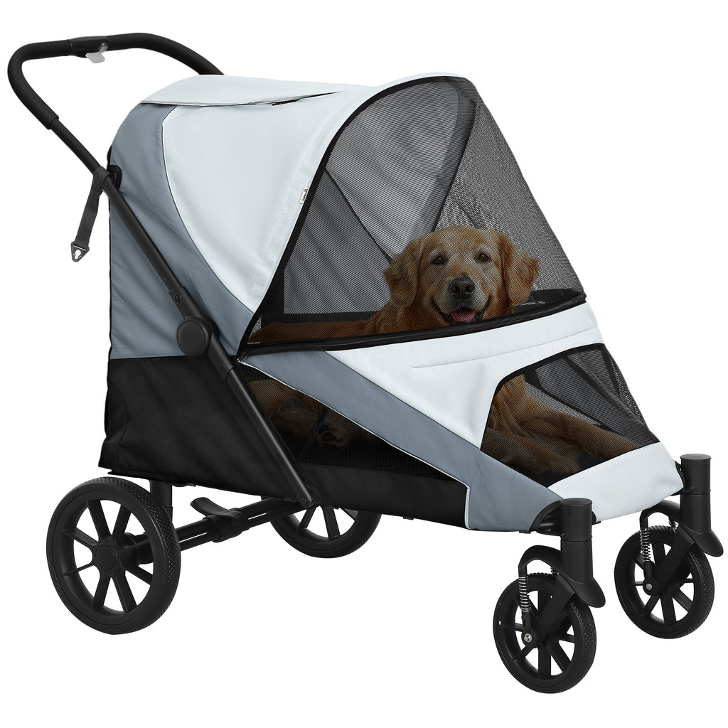 Large Dog Stroller Foldable with Mesh Windows, Cushion and Leashes, 124x67x100 cm, Grey