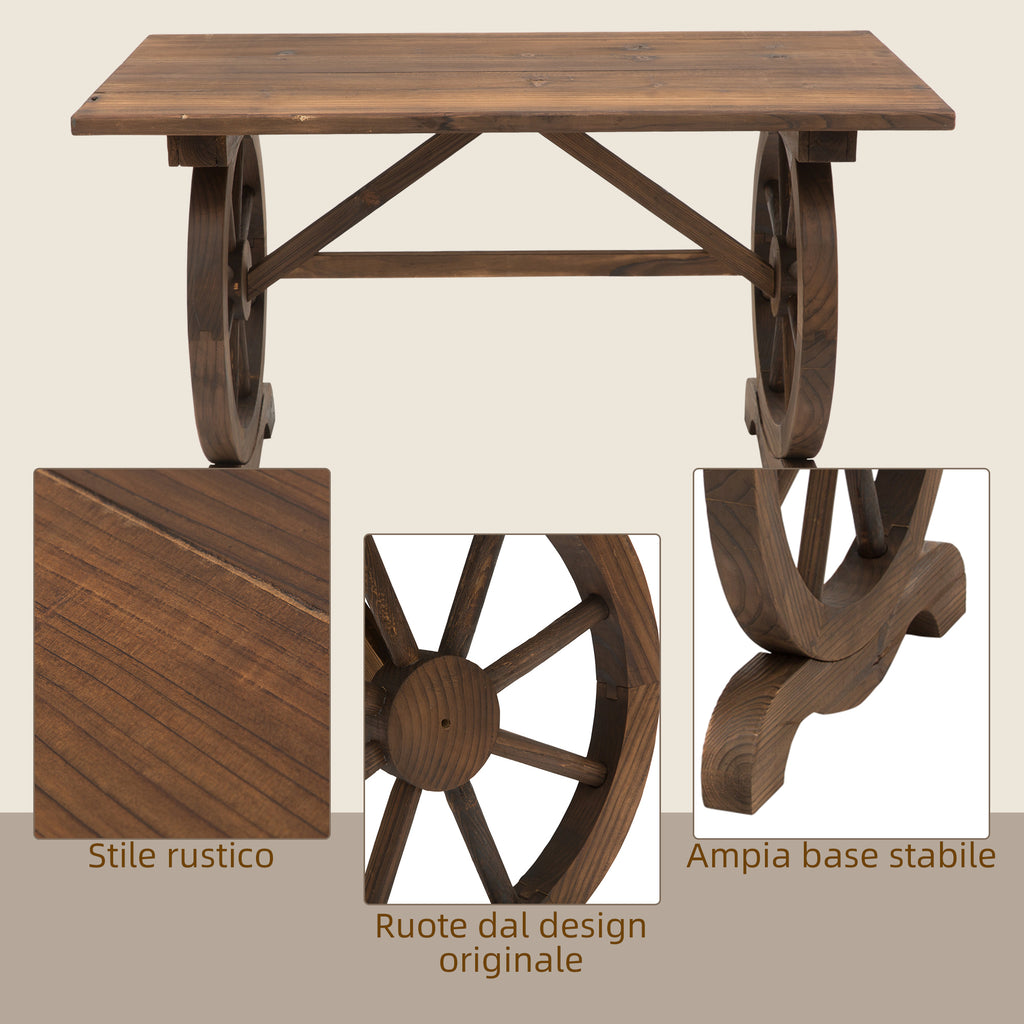 Country Style Garden Table with Wheel Legs, Weatherproof Fir Wood, 110x60x65 cm