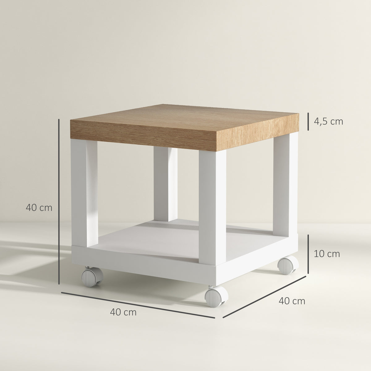 HOMCOM Coffee Table with Castors and Open Shelf, for Sofa, Bedroom or Living Room, 40x40x40 cm, Natural Wood and White