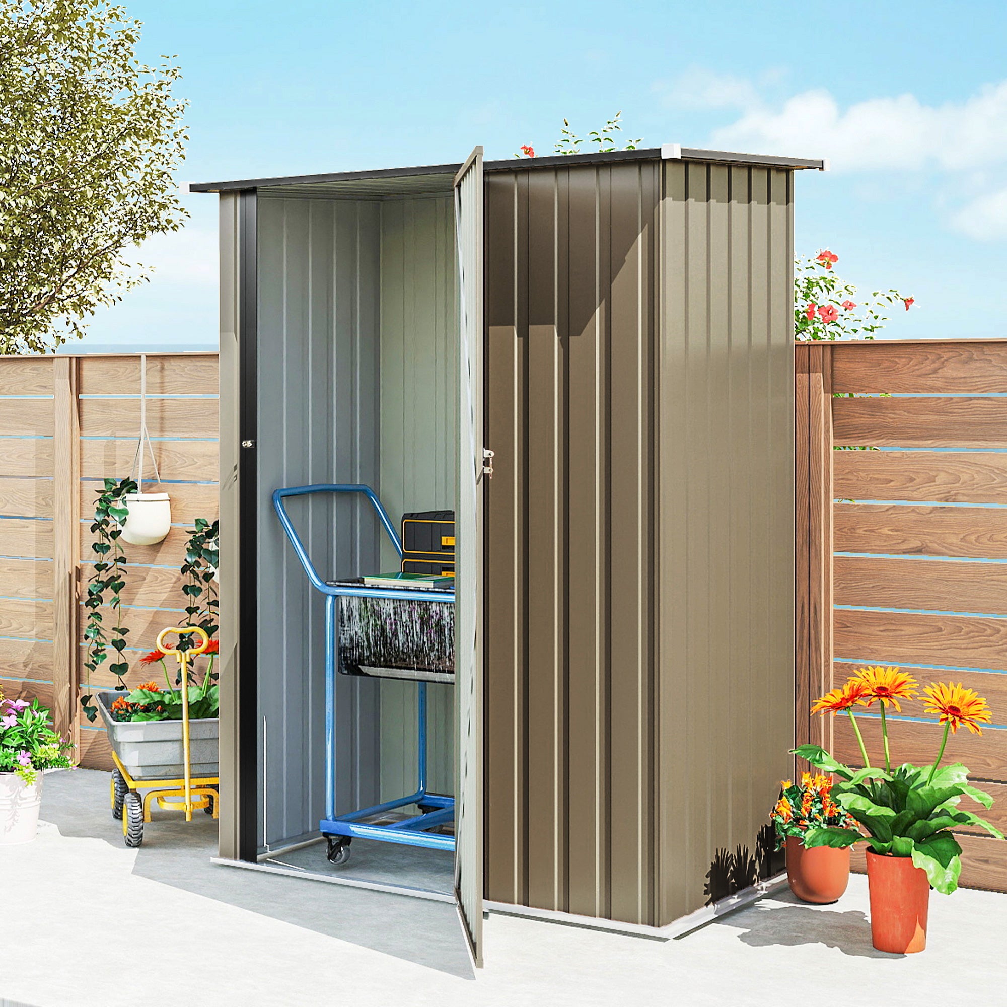 Outsunny Metal Tool Shed with Sloped Roof and Lockable Door, 142x86x189 cm, Brown