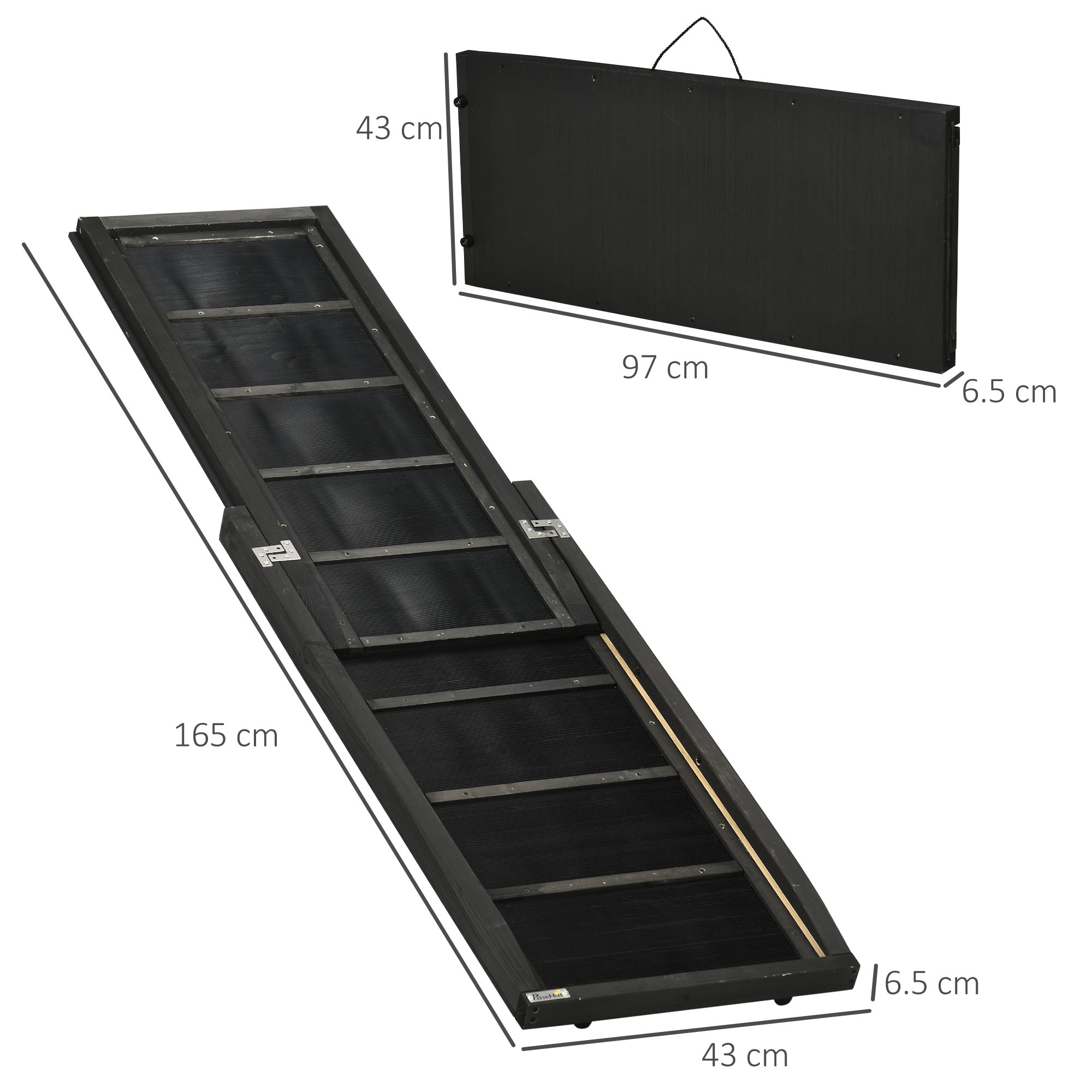 Folding Non-Slip Wooden Dog Ramp with Side Handle, 43x165x6.5 cm, Black