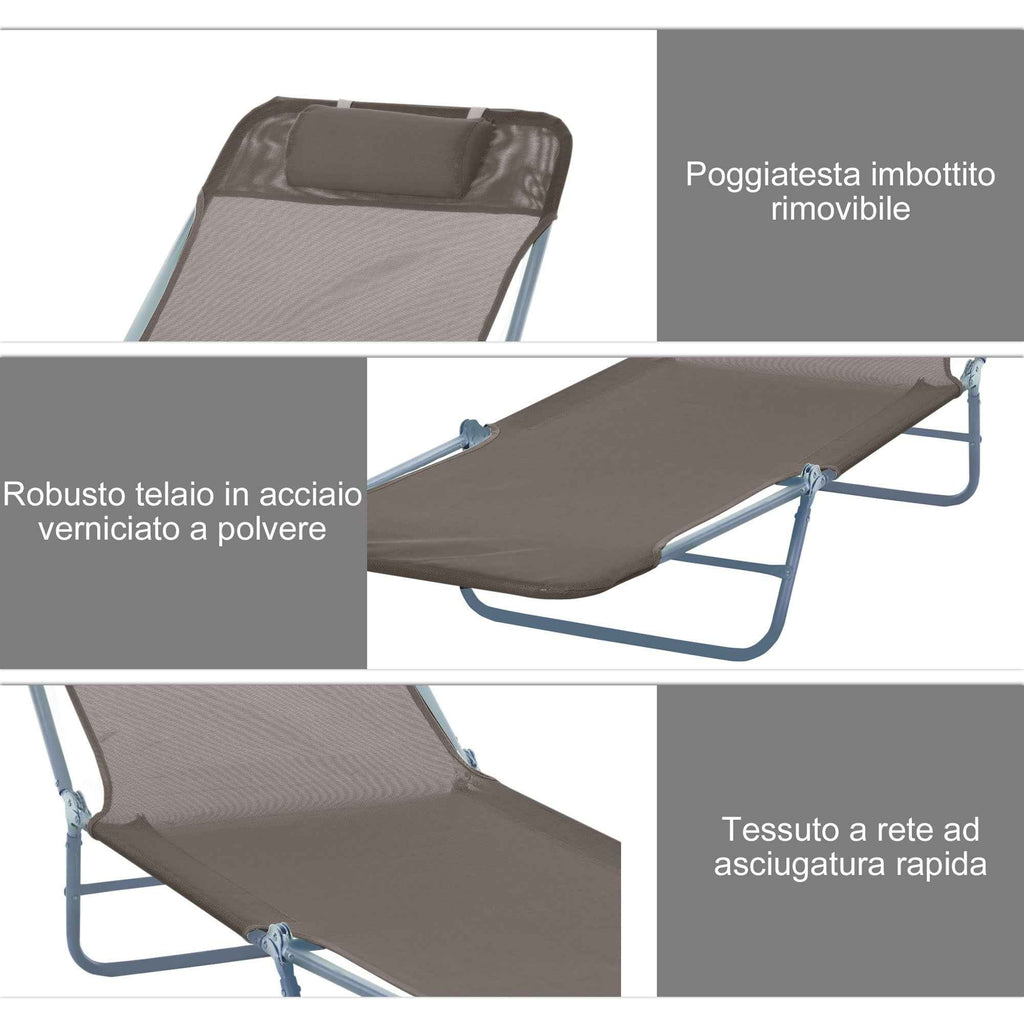 Outsunny Folding Sun Lounger with Reclining Backrest and Cushion, 182 x 56 x 24.5 cm, Brown and Silver