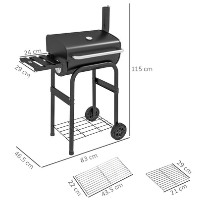 Charcoal Barbecue with Lid, Thermometer and Chimney, Shelves and Wheels, Black