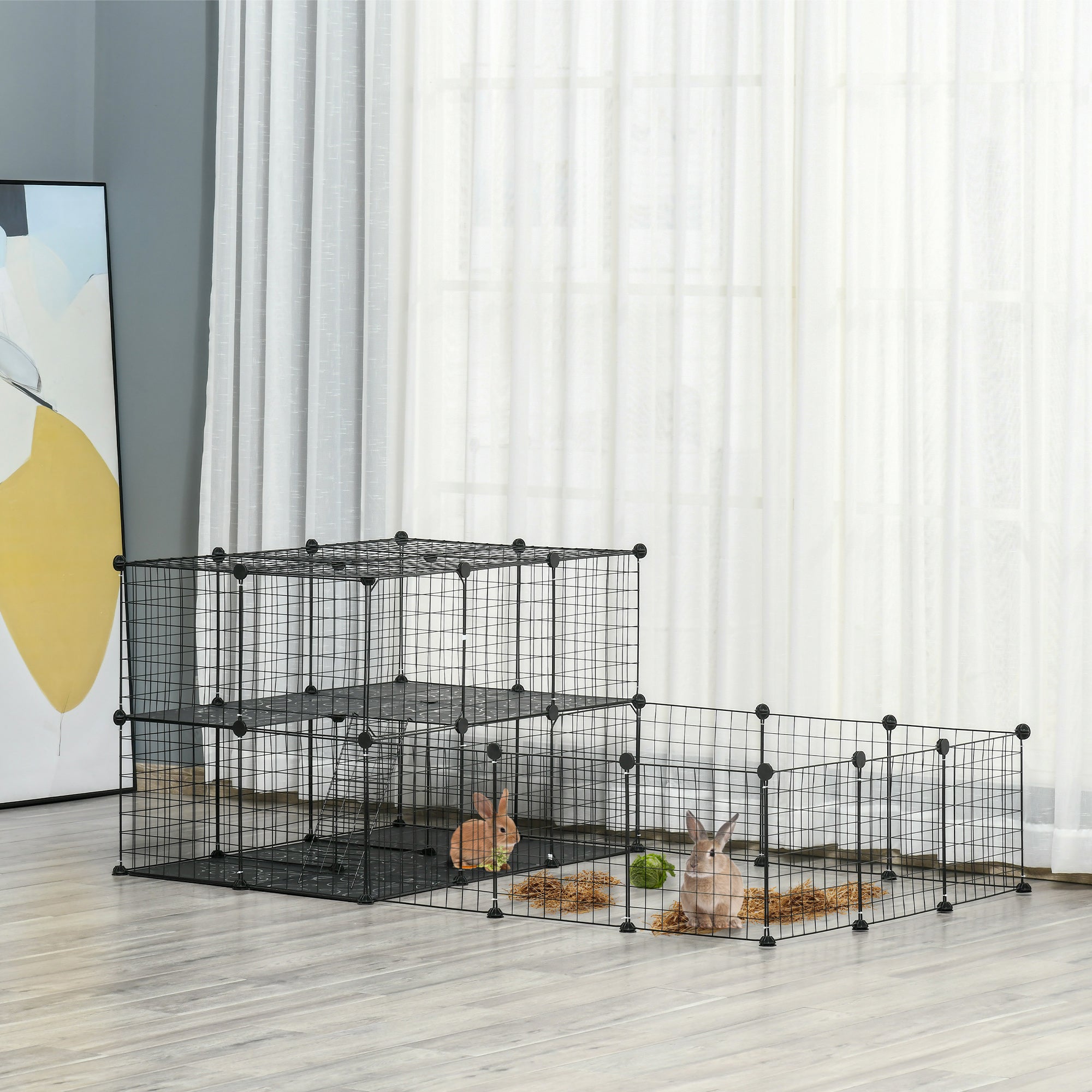 Modular Metal Rabbit Run with Ladder and Mounting Accessories, 175x105x70cm - Black
