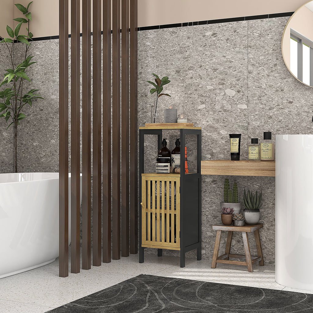 HOMCOM Bathroom Cabinet with Open Shelf and Cabinet, in MDF and Bamboo, 32x30x90.5 cm, Black and Wood Color - Borgè