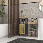 HOMCOM Bathroom Cabinet with Open Shelf and Cabinet, in MDF and Bamboo, 32x30x90.5 cm, Black and Wood Color - Borgè