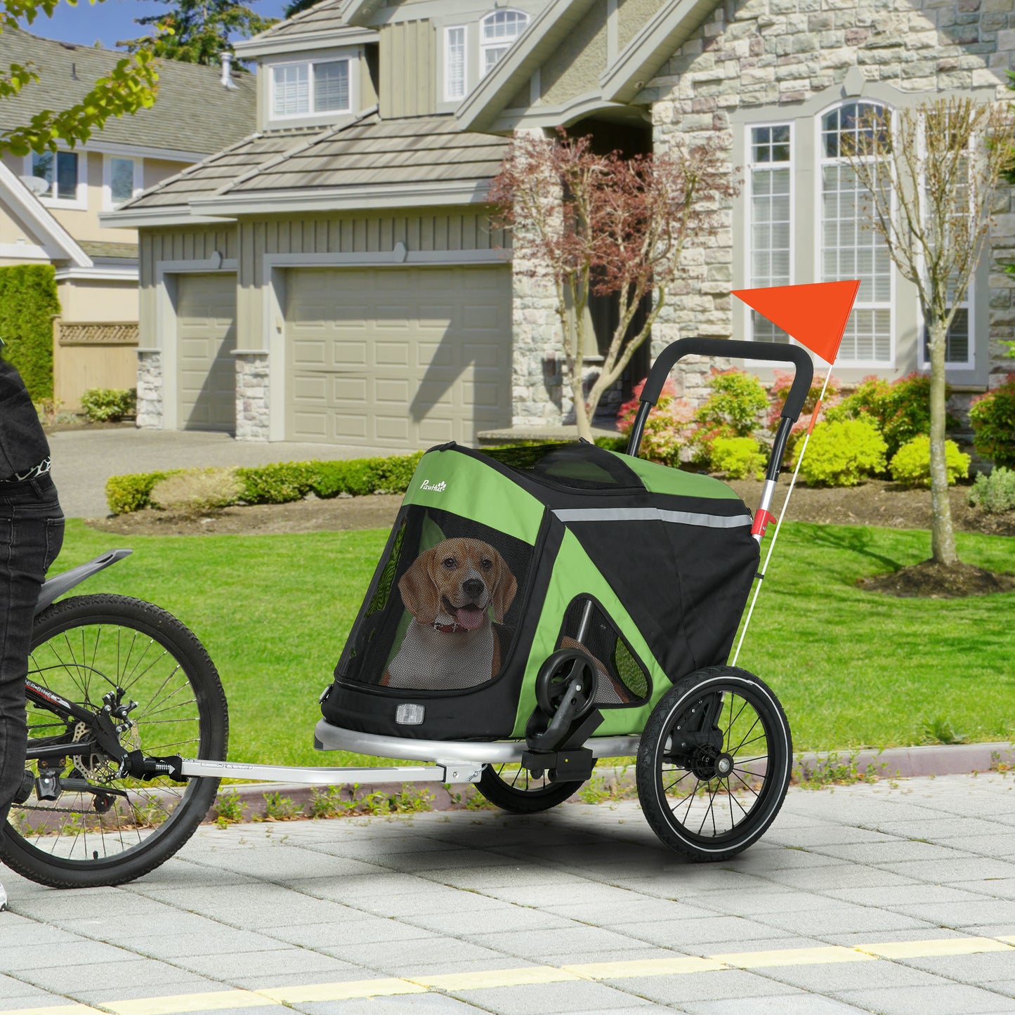 PAWHUT Bike trailer and dog stroller 2 in 1 folding with cathi -fifths and flags, greenery - Borgè