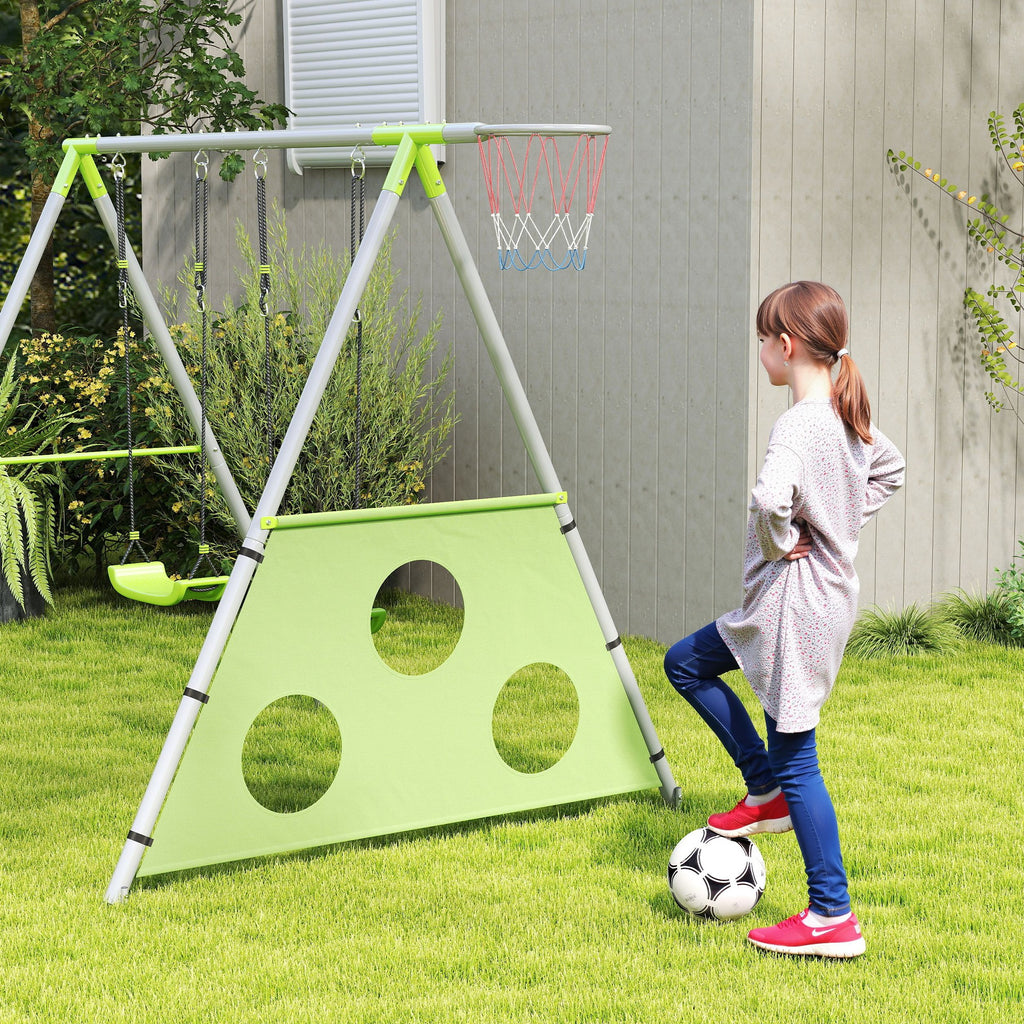 3 in 1 Children's Play Set with Garden Swing, Basketball Hoop and Football Goal, 238x180x182 cm, Green and Grey