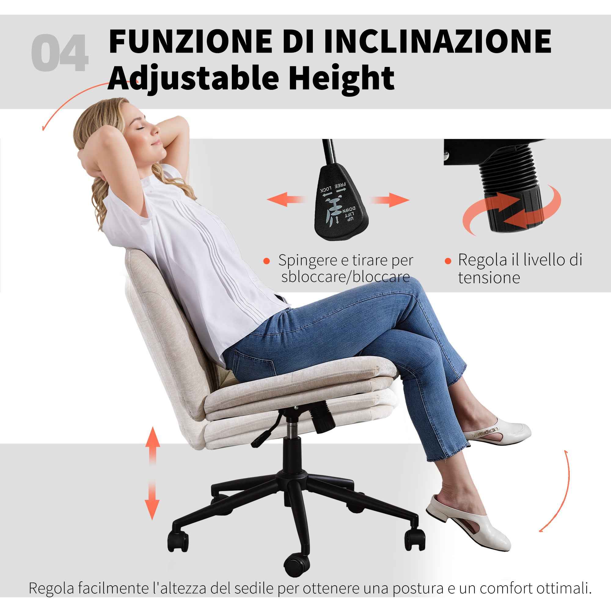 HOMCOM Adjustable Office Chair, Tilting and Swivel, Chenille Fabric and Steel, 62x67x83-93 cm, Beige