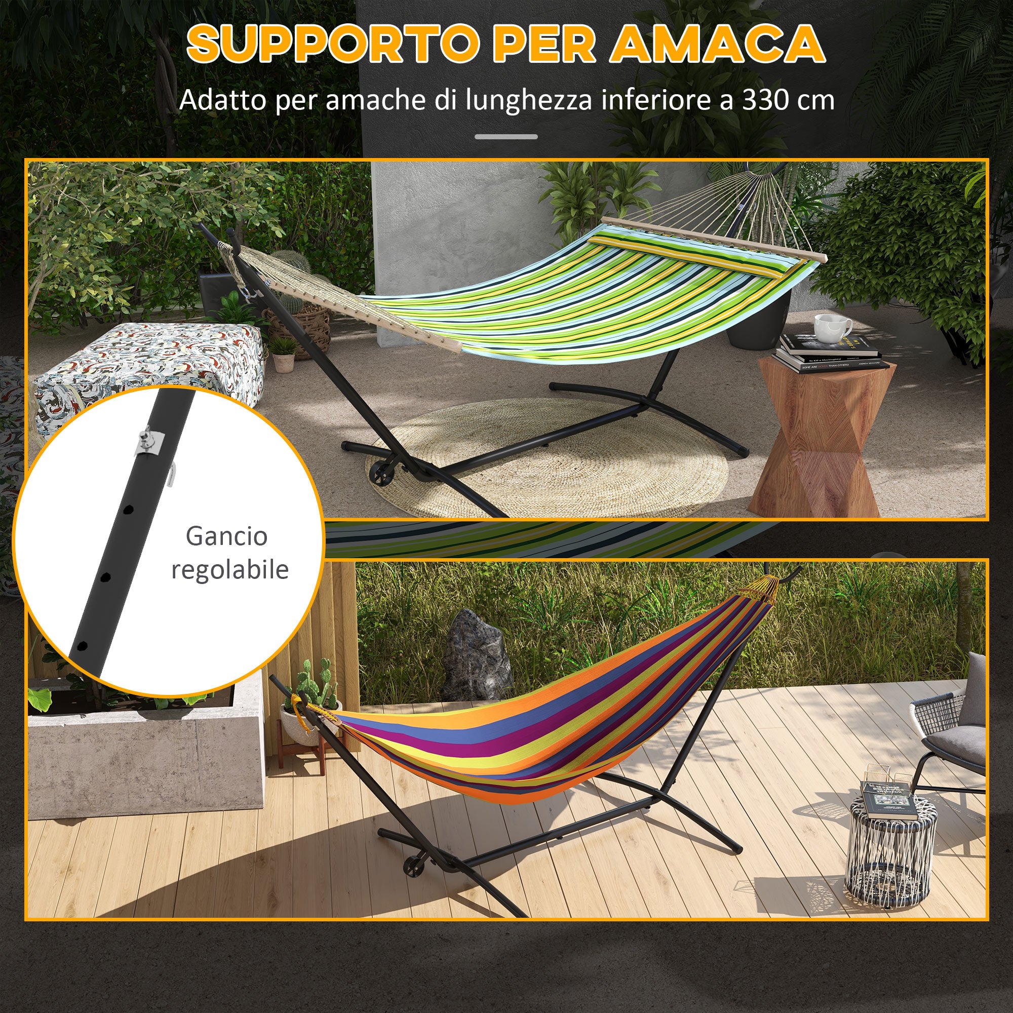 Outsunny Hammock Stand, 330 cm Max, with 6 Holes and Wheels, Metal, 290 x 120 x 115 cm, Black