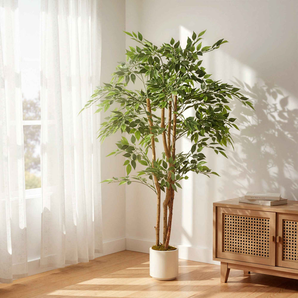 HOMCOM Artificial Banyan Tree Plant in PEVA and Wood with Adjustable Branches and White Container Pot in PP and Cement