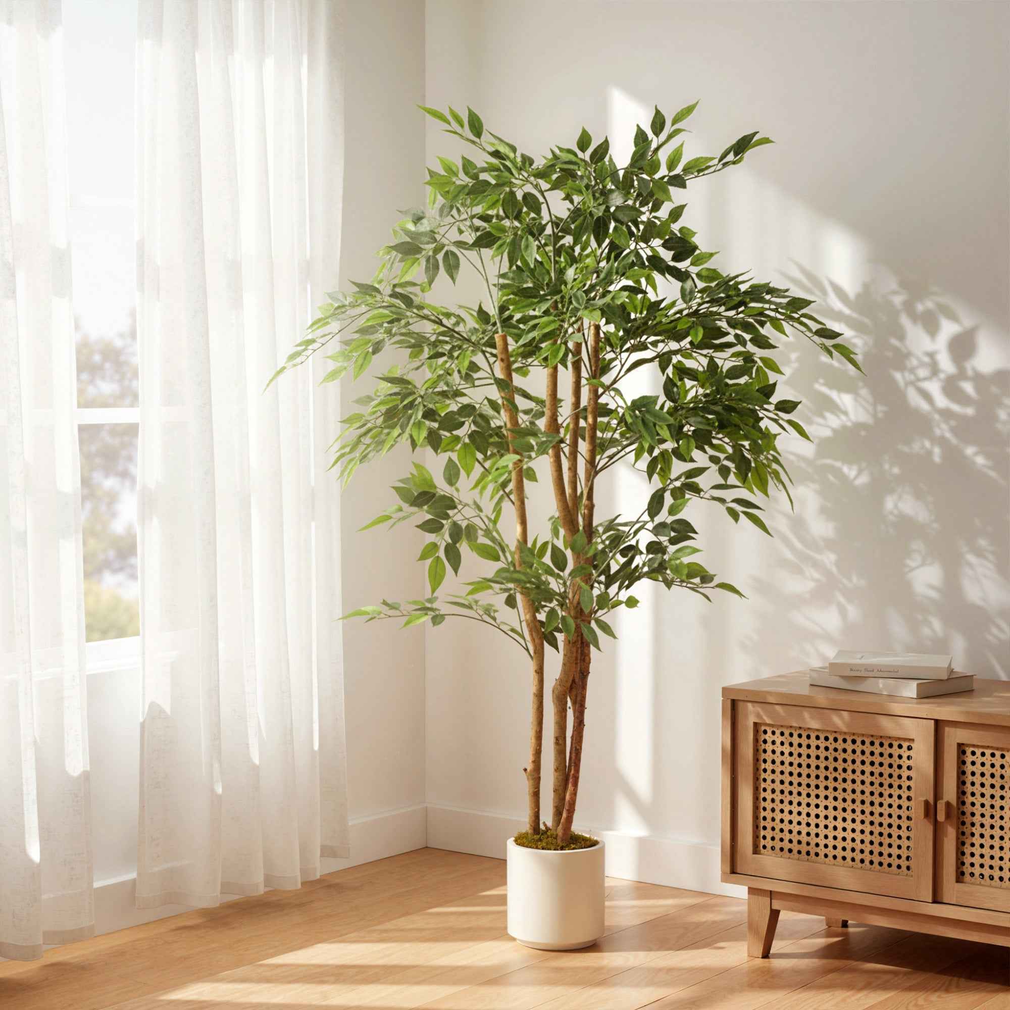 HOMCOM Artificial Banyan Tree Plant in PEVA and Wood with Adjustable Branches and White Container Pot in PP and Cement