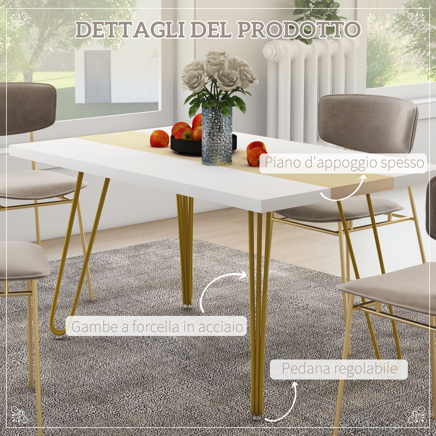 HOMCOM Kitchen and Living Room Table for 6 People Max with Hairpin Legs, in MDF and Steel, 140x89x75.5 cm