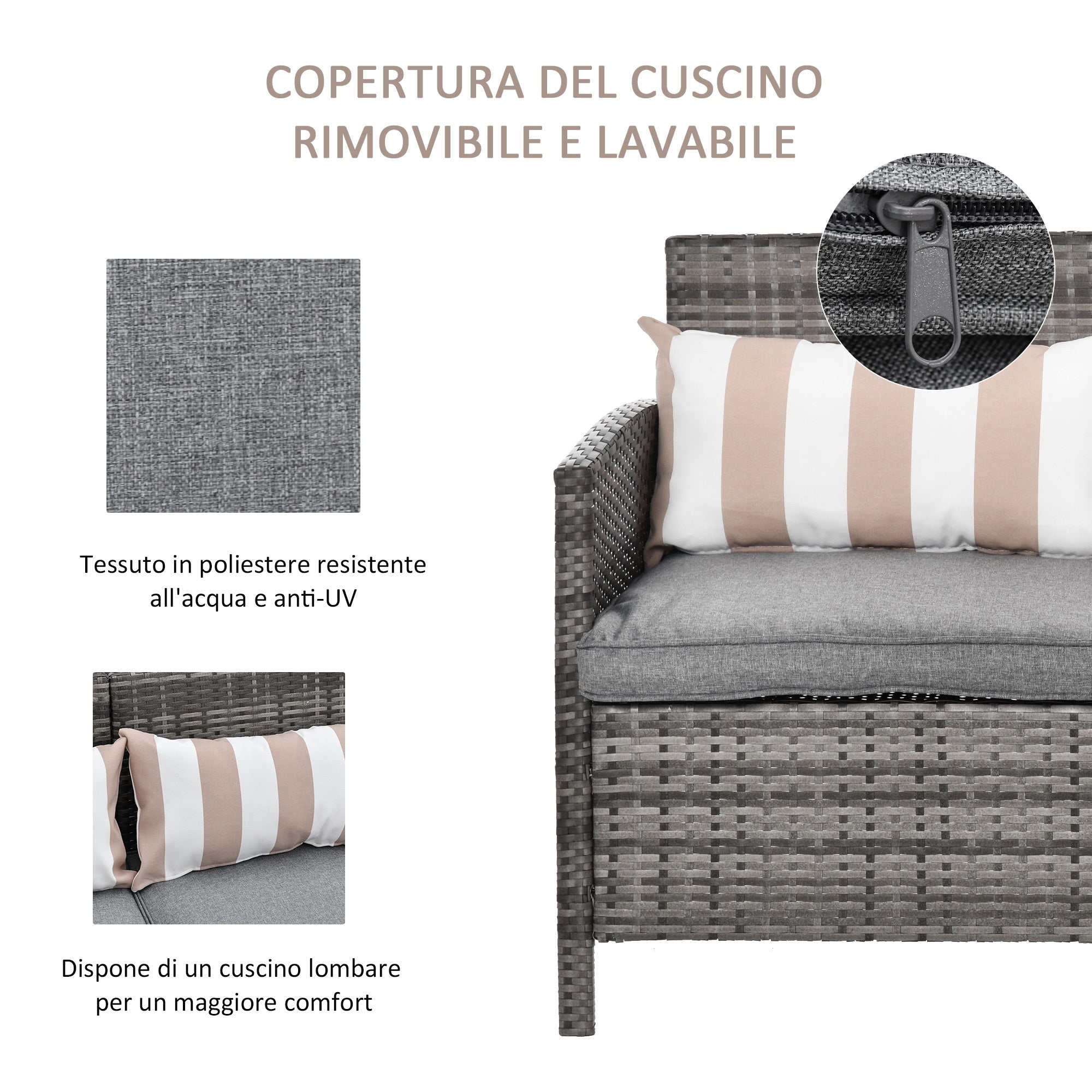 Outsunny 3 sofa outdoor sofa in rattan (PE) with padded and removable cushions, garden/terrace, 173x68x78cm - Borgè